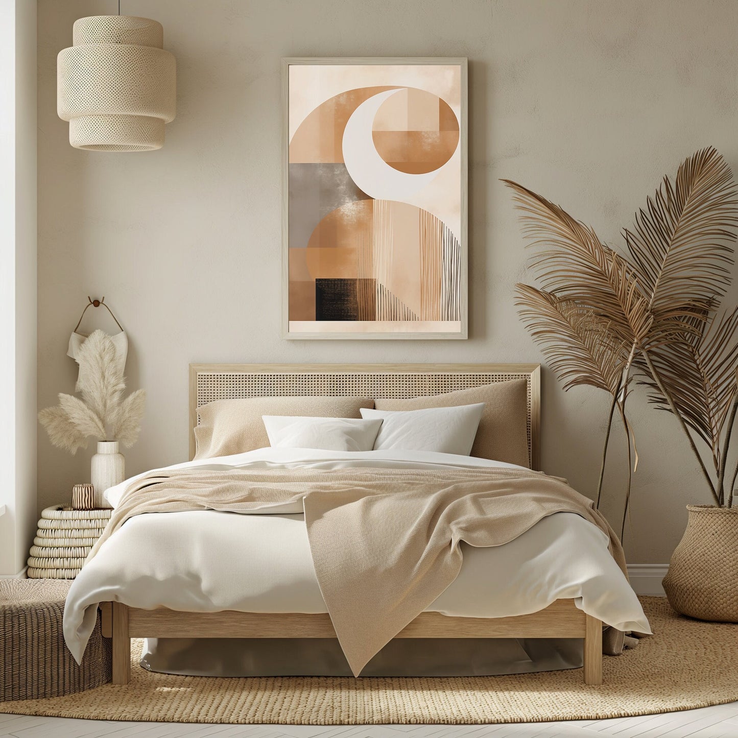Minimalist abstract digital art featuring a crescent moon in a neutral color palette, perfect for modern boho home decor.