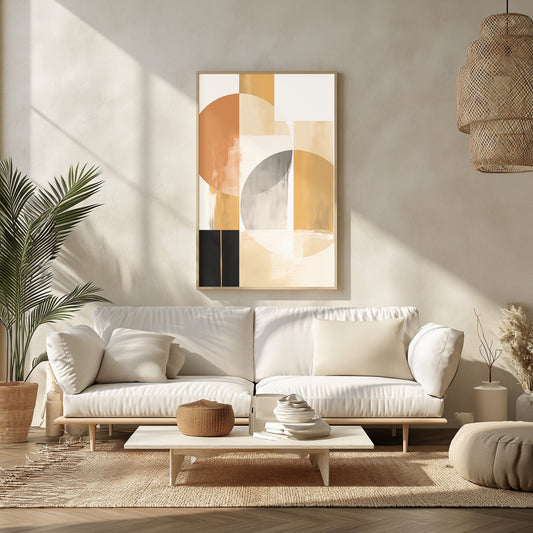 Elegant digital print with modern abstract geometric shapes in a neutral color palette, perfect for a contemporary bedroom&#39;s boho-chic decor.