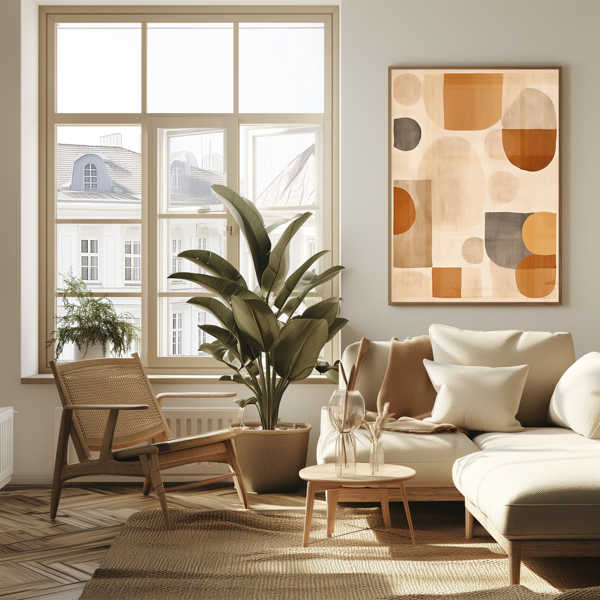 Stylish modern abstract print with geometric shapes in a warm color palette, perfect for adding a contemporary bohemian touch to any room.