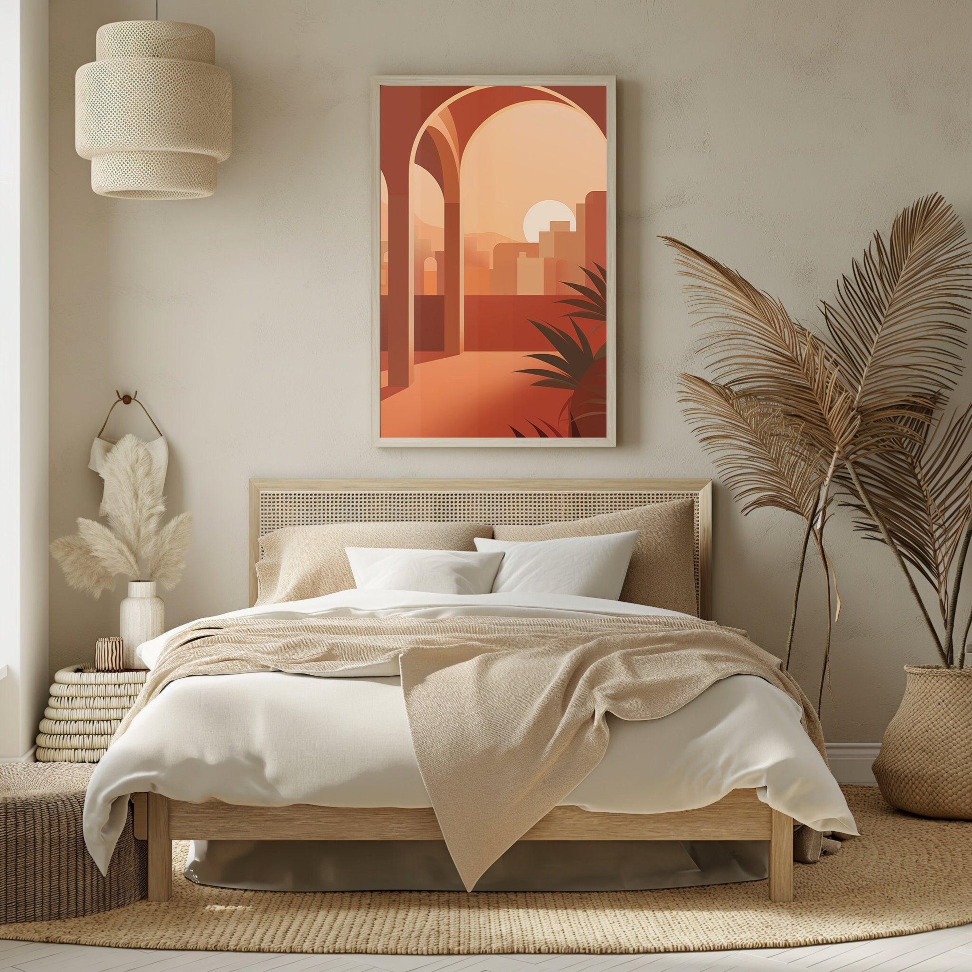 Modern abstract print of urban arches in warm terracotta tones capturing the tranquil essence of city dawn for minimalist home decor.