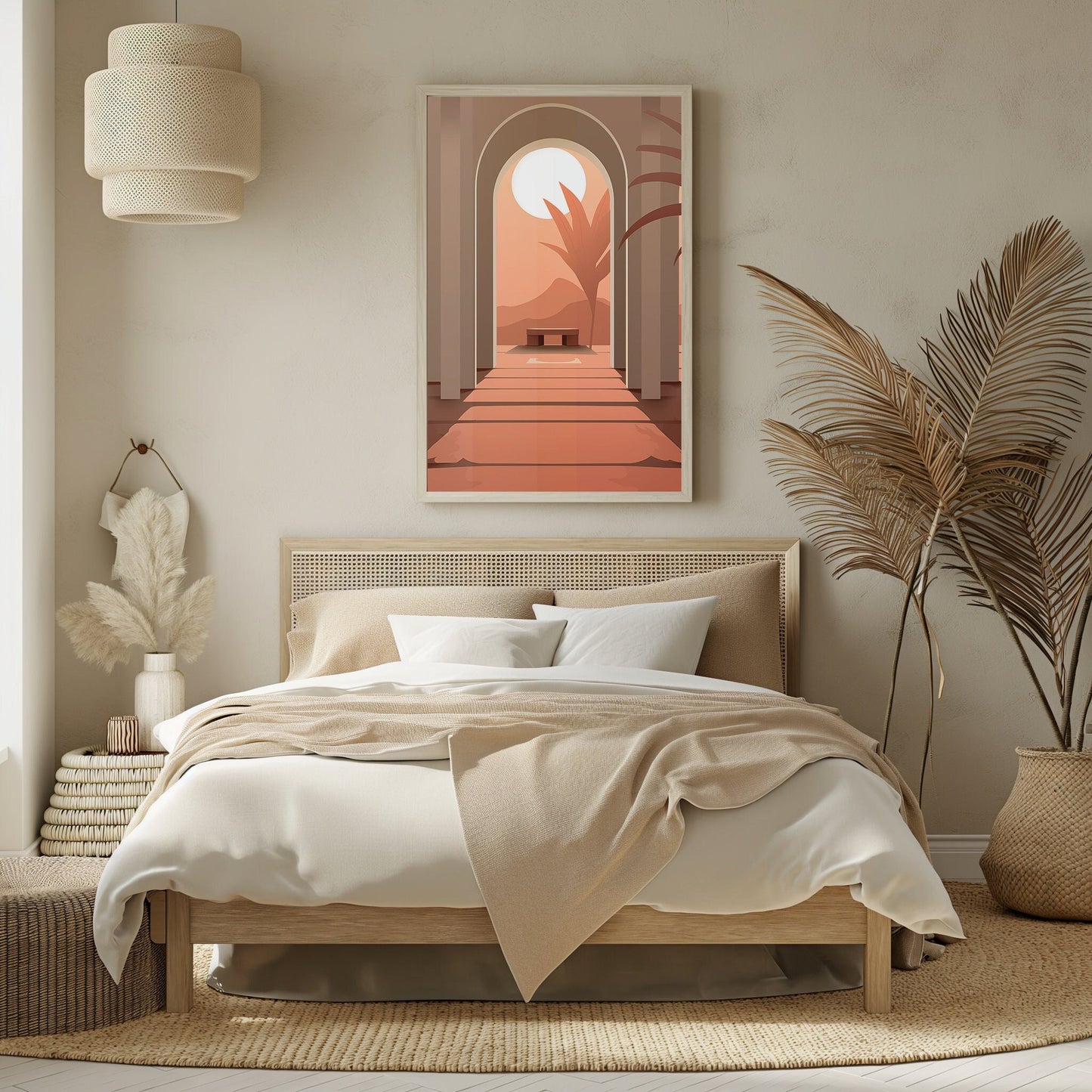 Abstract desert sunrise digital print showcasing the warm glow of morning light through a majestic arch, creating a serene bohemian ambiance in any room.