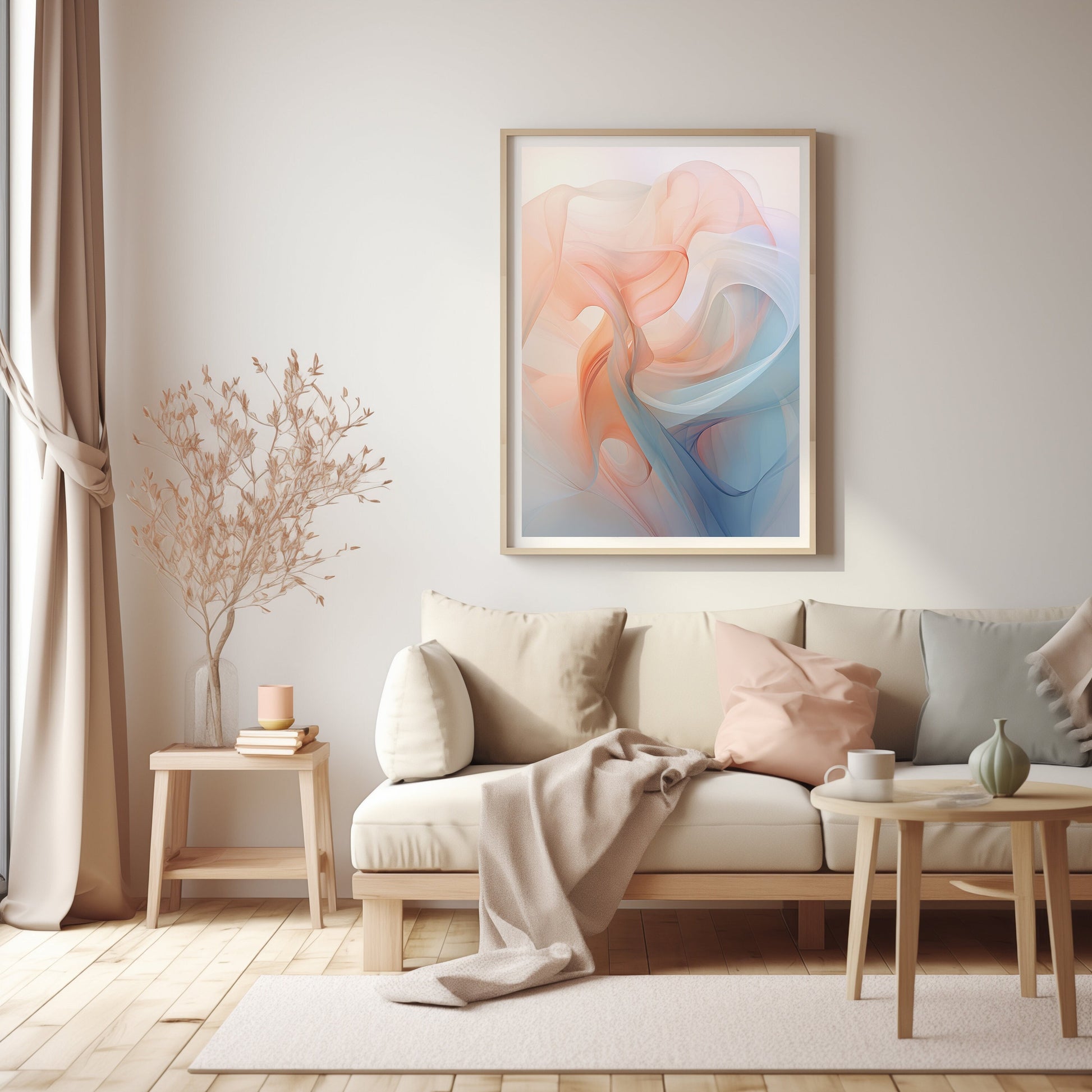 Digital abstract artwork with soft pastel swirls in a fluid, harmonious design, perfect for adding a touch of serenity to a modern living room decor.