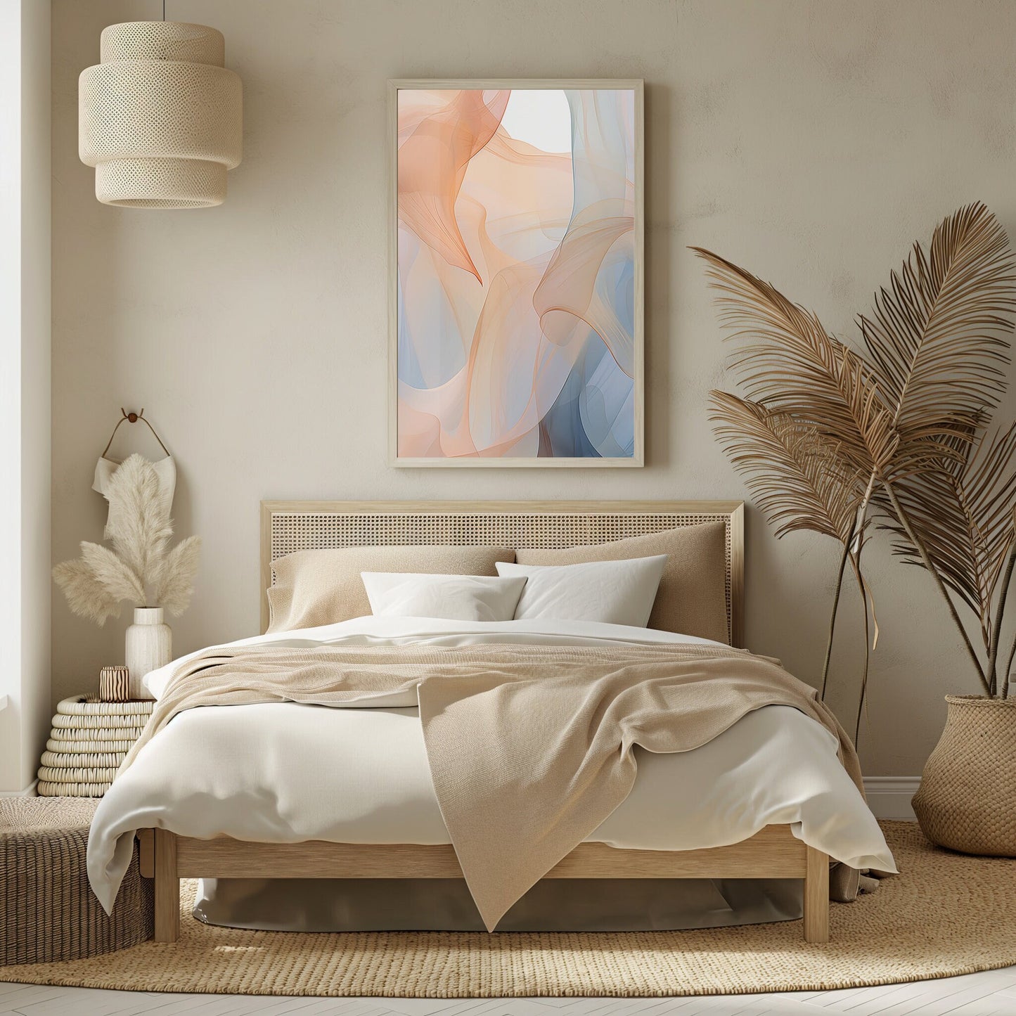 Modern abstract art with pastel peach and blue hues in a fluid, serene flow, ideal for creating a peaceful and soothing ambiance in a bedroom decor.