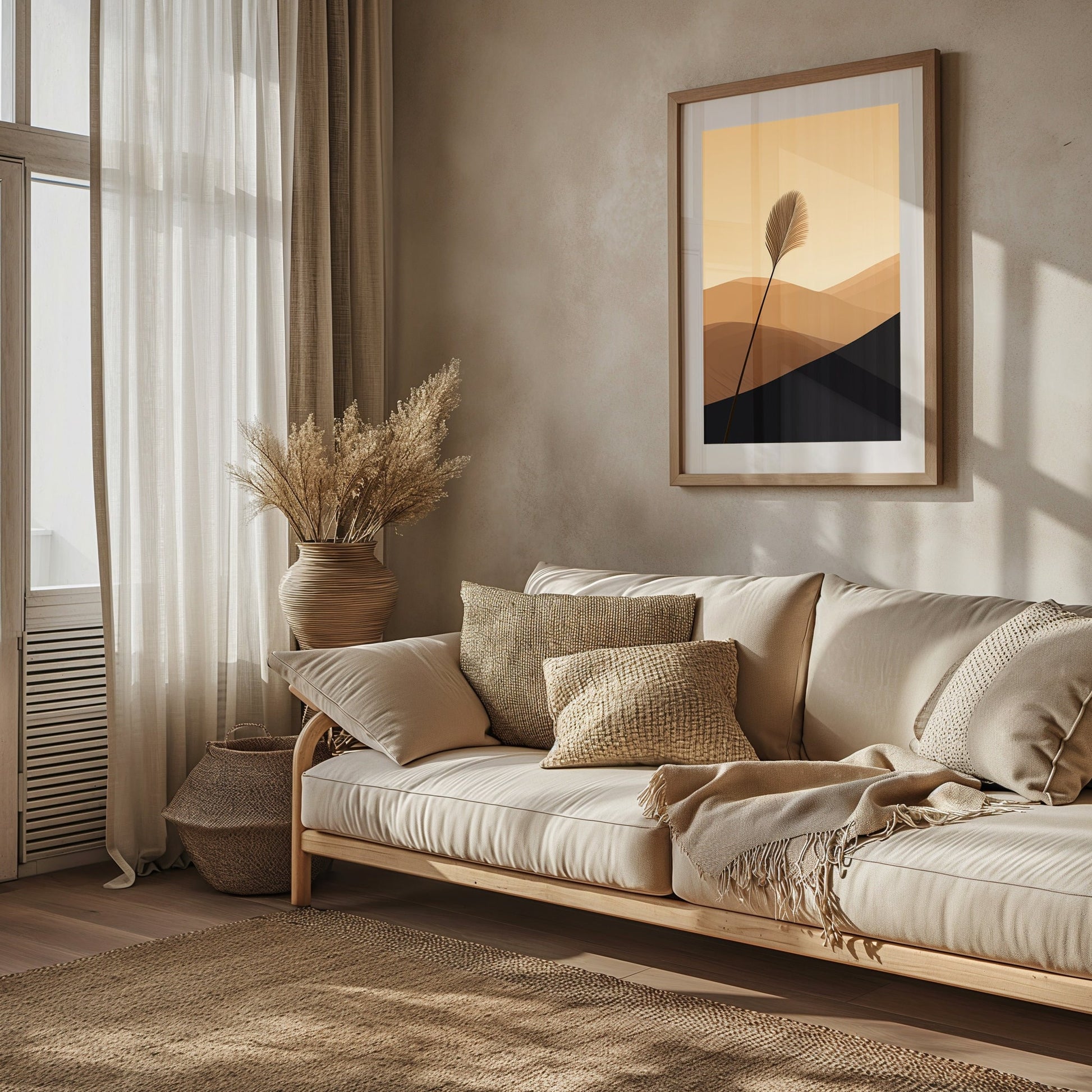 A single desert plant stands against a gradient of dusk in an abstract representation, creating a calming and modern visual for bedroom or living space decor.