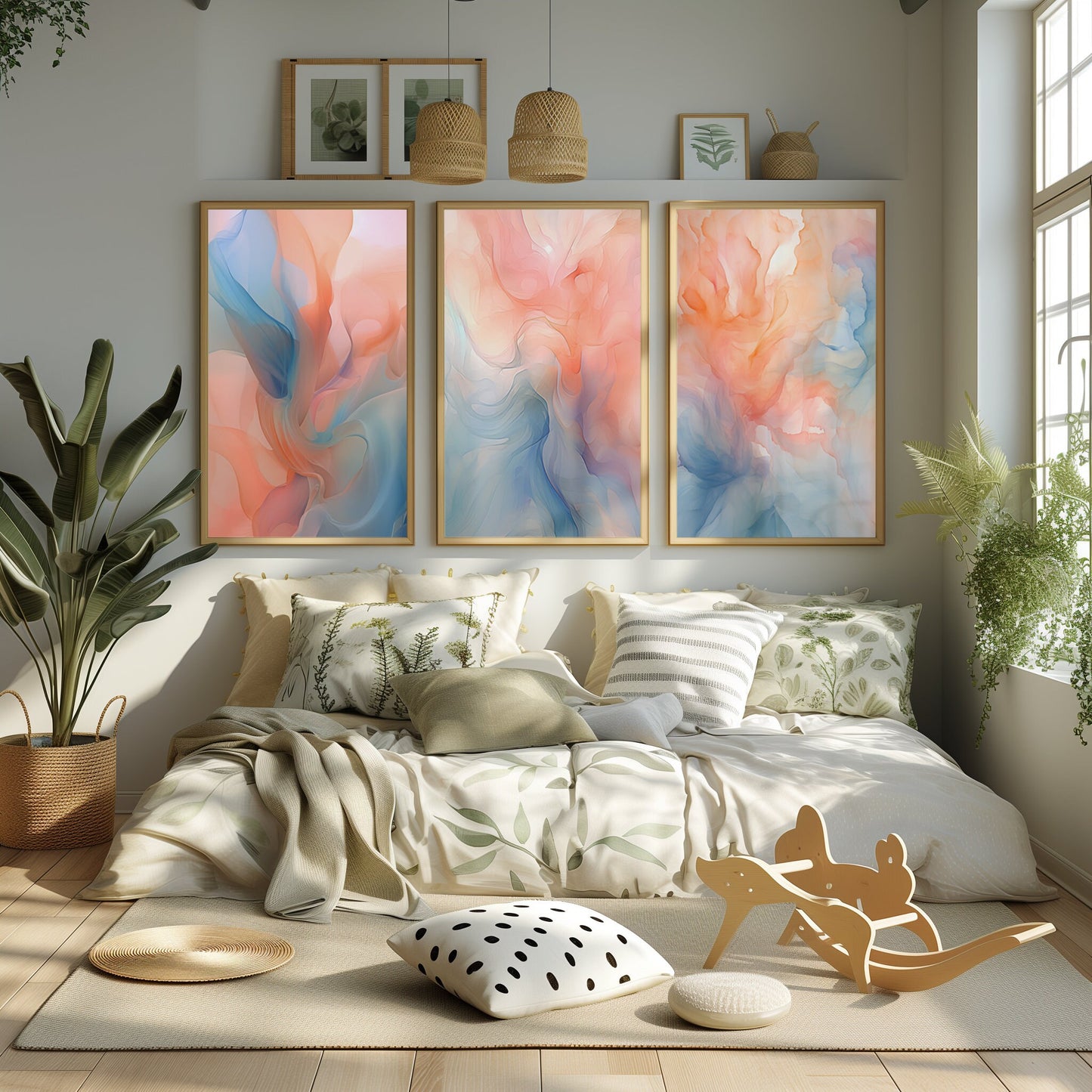 Vivid Abstract Trio Canvas Set, Ethereal Swirls Wall Art, Bohemian Home Decor, Instant Download