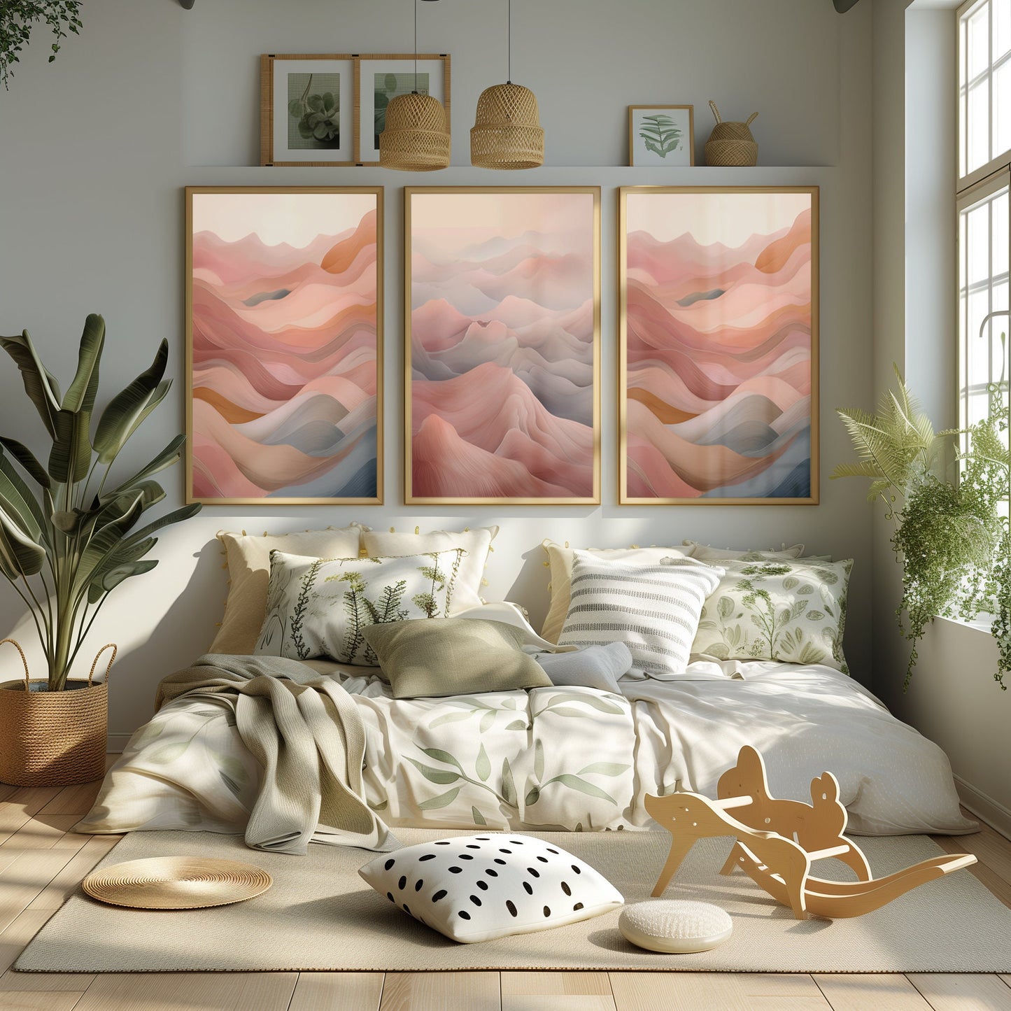 Abstract Landscape Art Set, Warm Desert Dunes Prints, Set of Three, Peaceful Sand Wave Wall Art, Instant Download