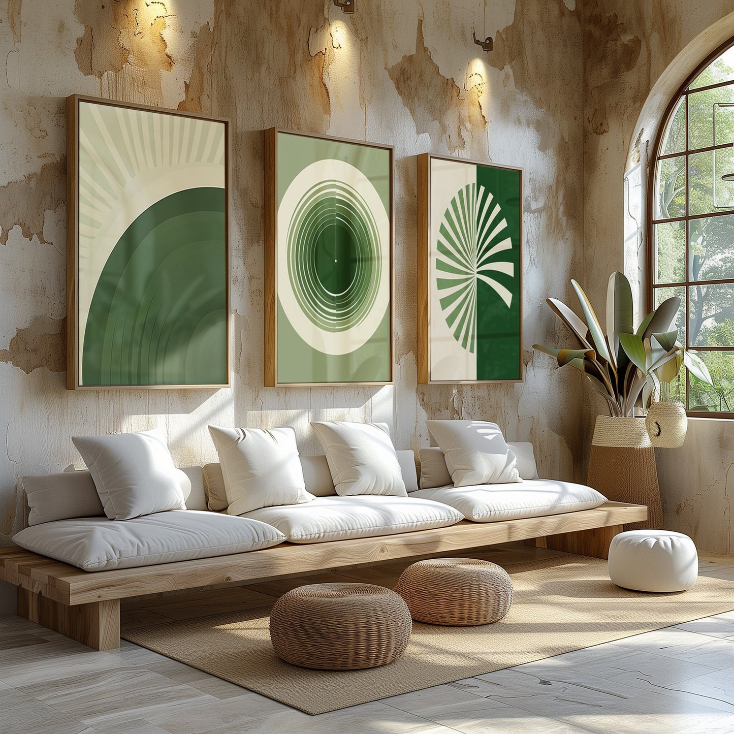 A collection of three mid-century modern art prints with geometric greenery designs, adding a vibrant touch to a contemporary living space.