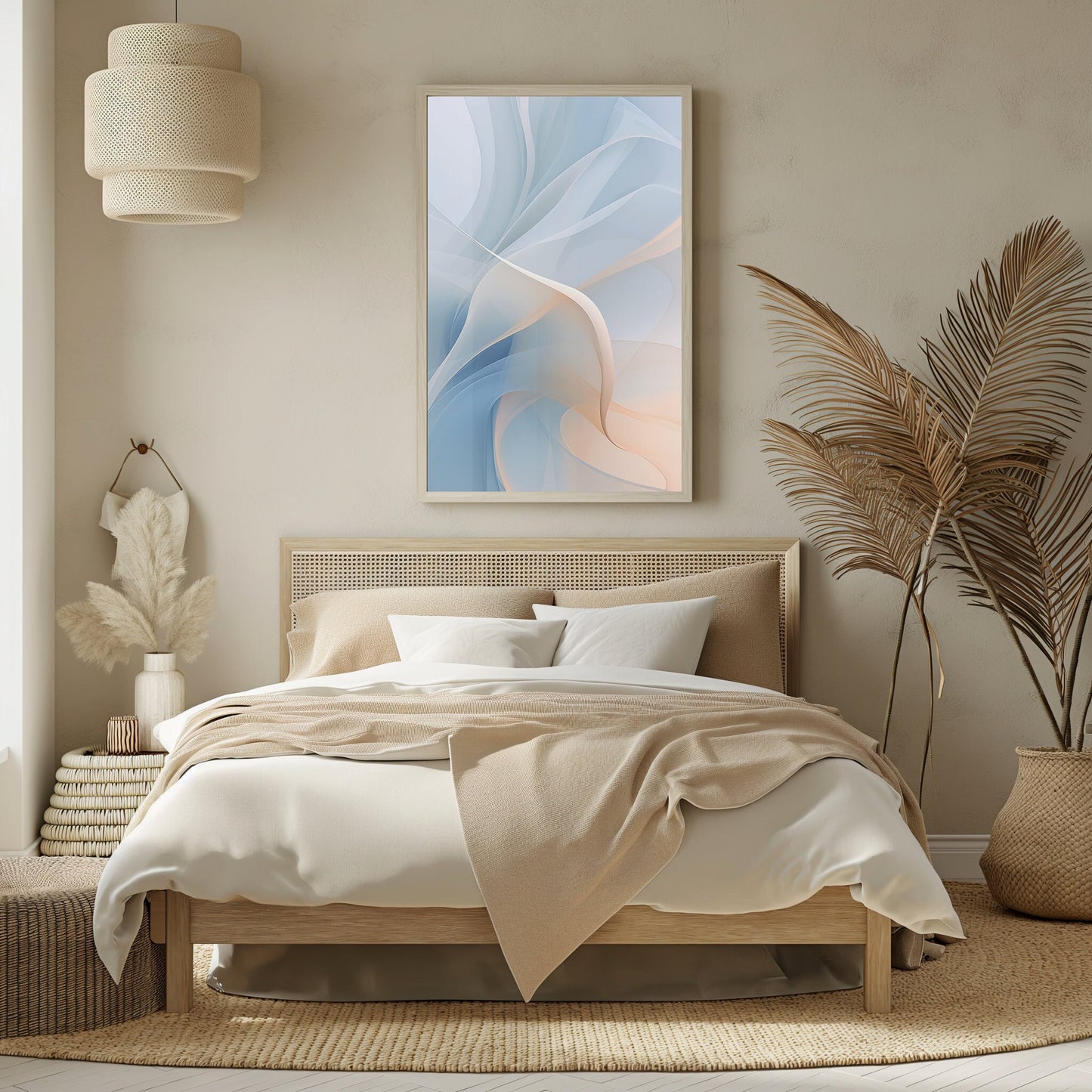 Abstract digital art print with soft pastel swirls in celestial blue and peach hues, offering a serene and modern touch to bedroom decor.