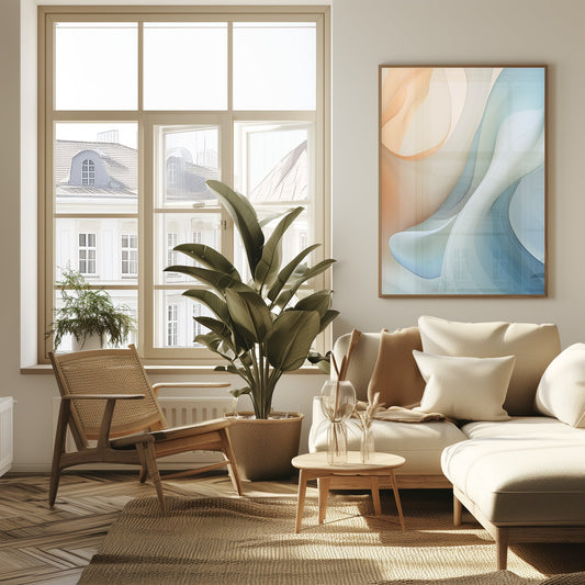 Abstract digital art print with aqua curves and soft blue waves, creating a serene and modern atmosphere in a living room setting.