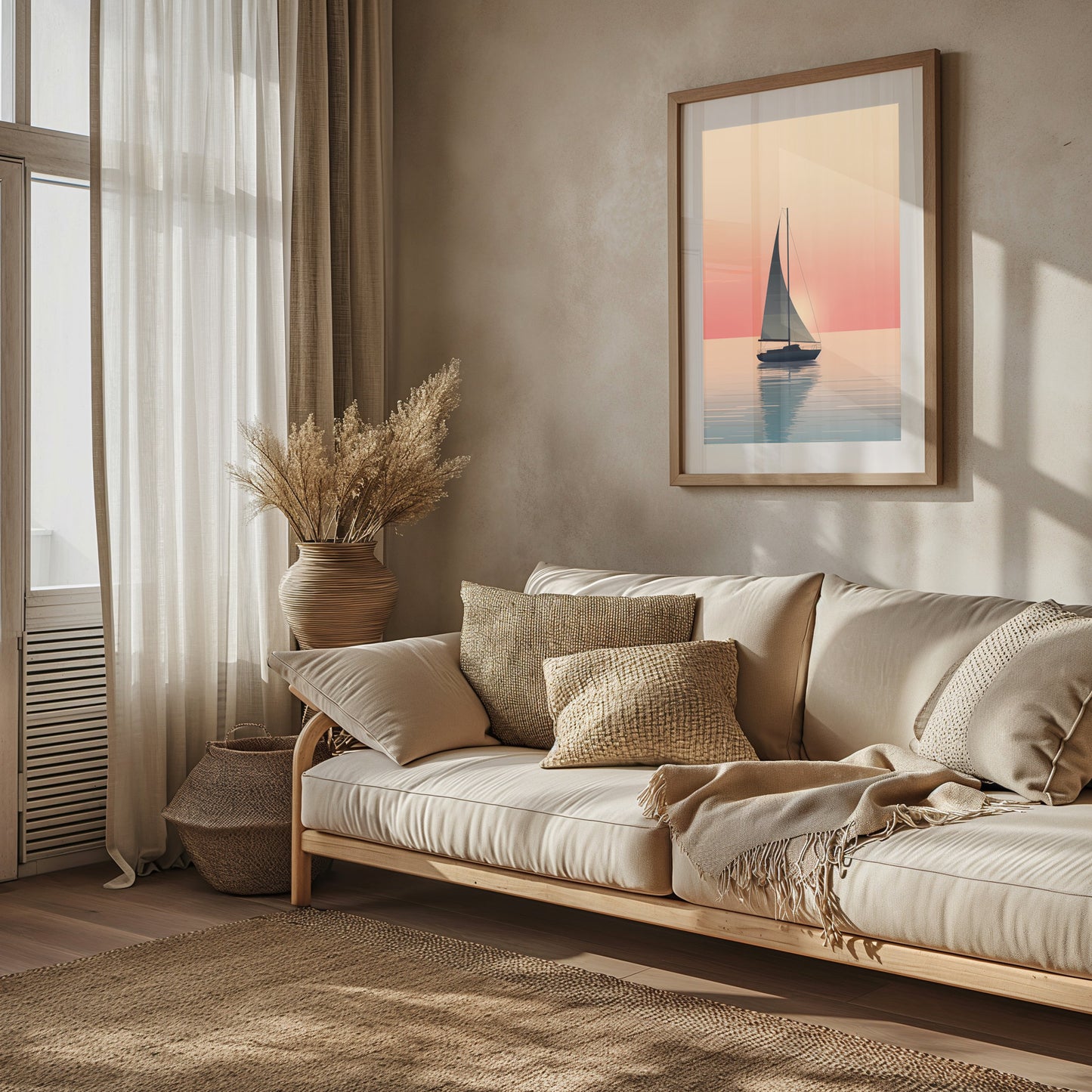 Golden Hour Sail Art, Peaceful Bedroom Decor, Nautical Sunrise Print, Minimalist Yacht Poster, Calm Sea Wall Art, Digital Download