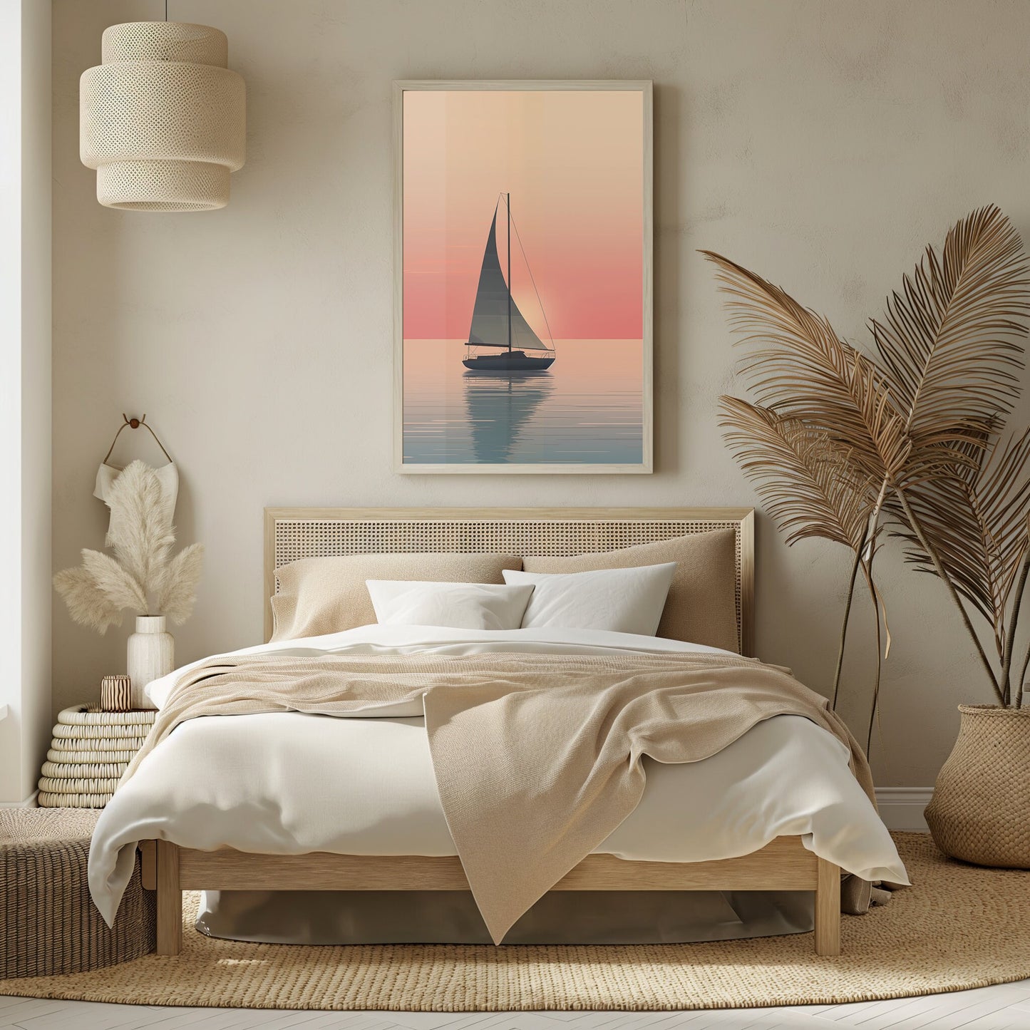 Golden Hour Sail Art, Peaceful Bedroom Decor, Nautical Sunrise Print, Minimalist Yacht Poster, Calm Sea Wall Art, Digital Download