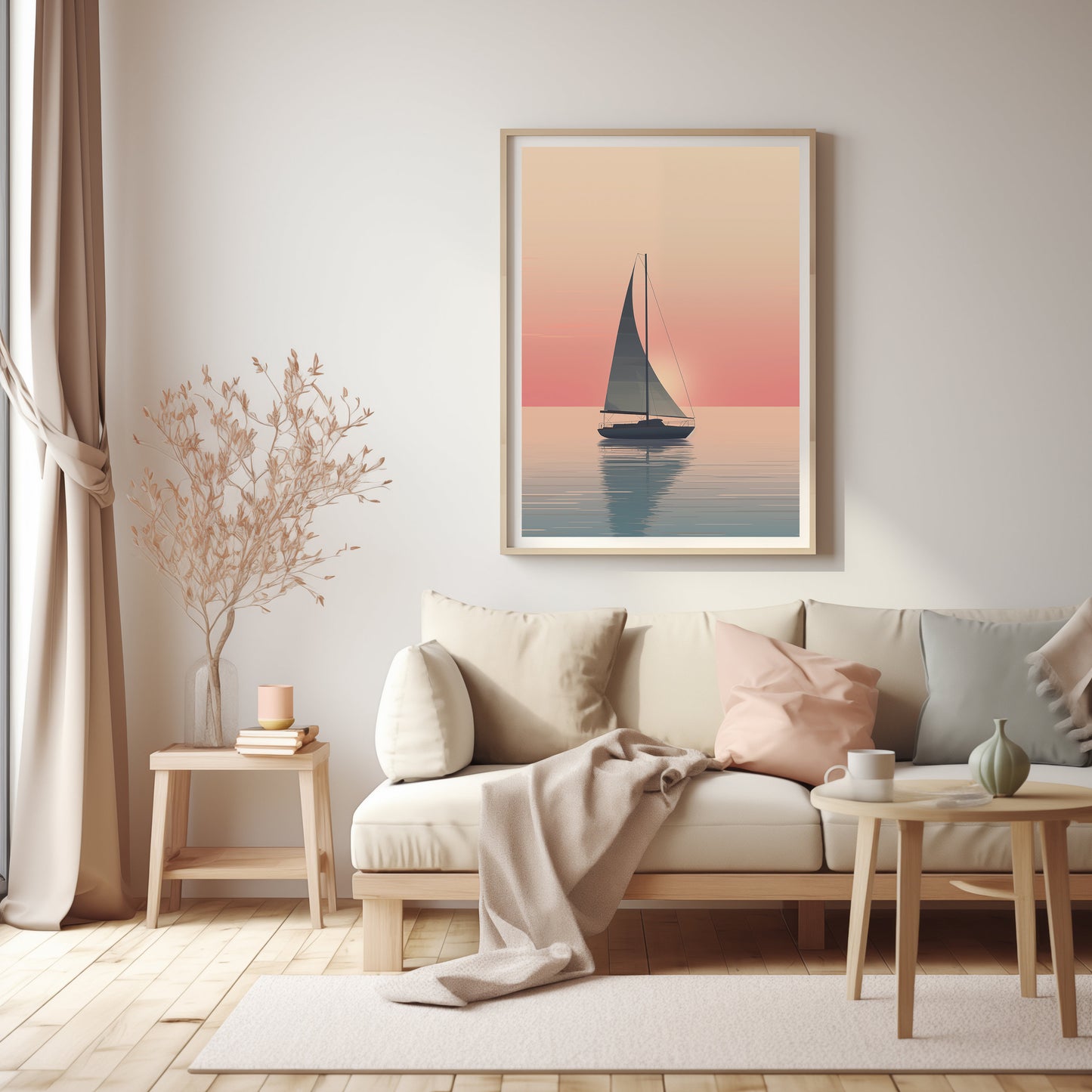 Golden Hour Sail Art, Peaceful Bedroom Decor, Nautical Sunrise Print, Minimalist Yacht Poster, Calm Sea Wall Art, Digital Download