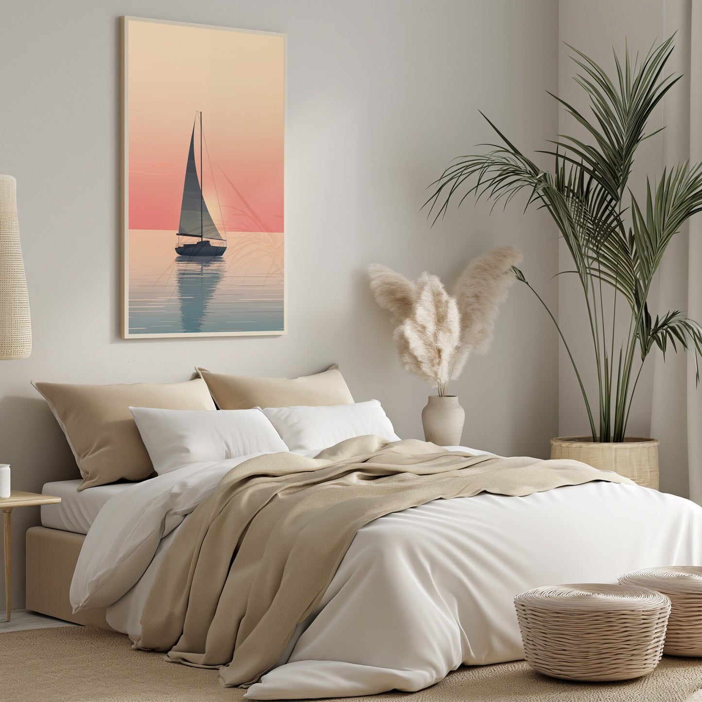 Minimalist digital art print of a sailboat at sunrise during the golden hour, offering a peaceful nautical theme for bedroom decor.