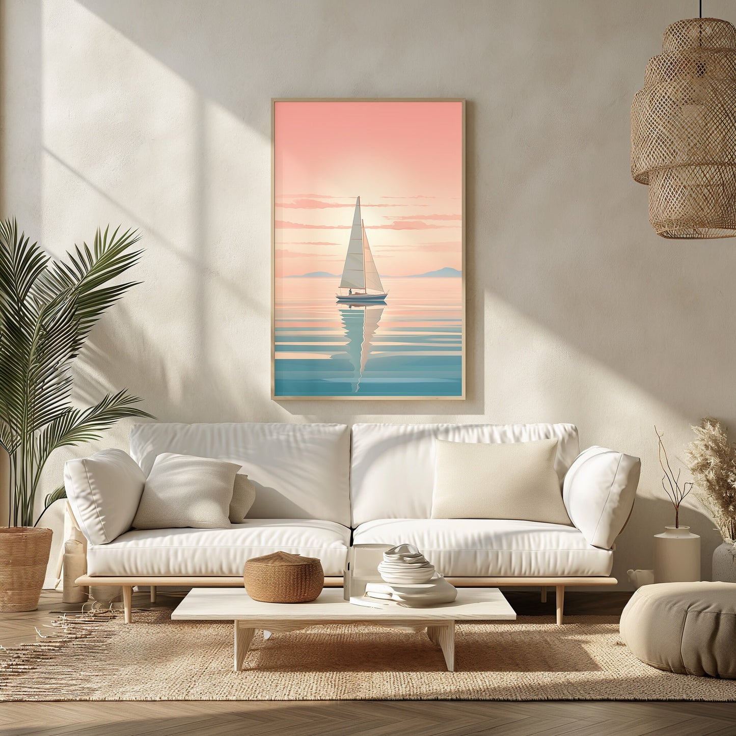 Sunset Sailing Art, Relaxing Living Room Print, Serene Nautical Poster, Minimalist Sailboat Artwork, Pastel Sky Wall Art, Instant Download