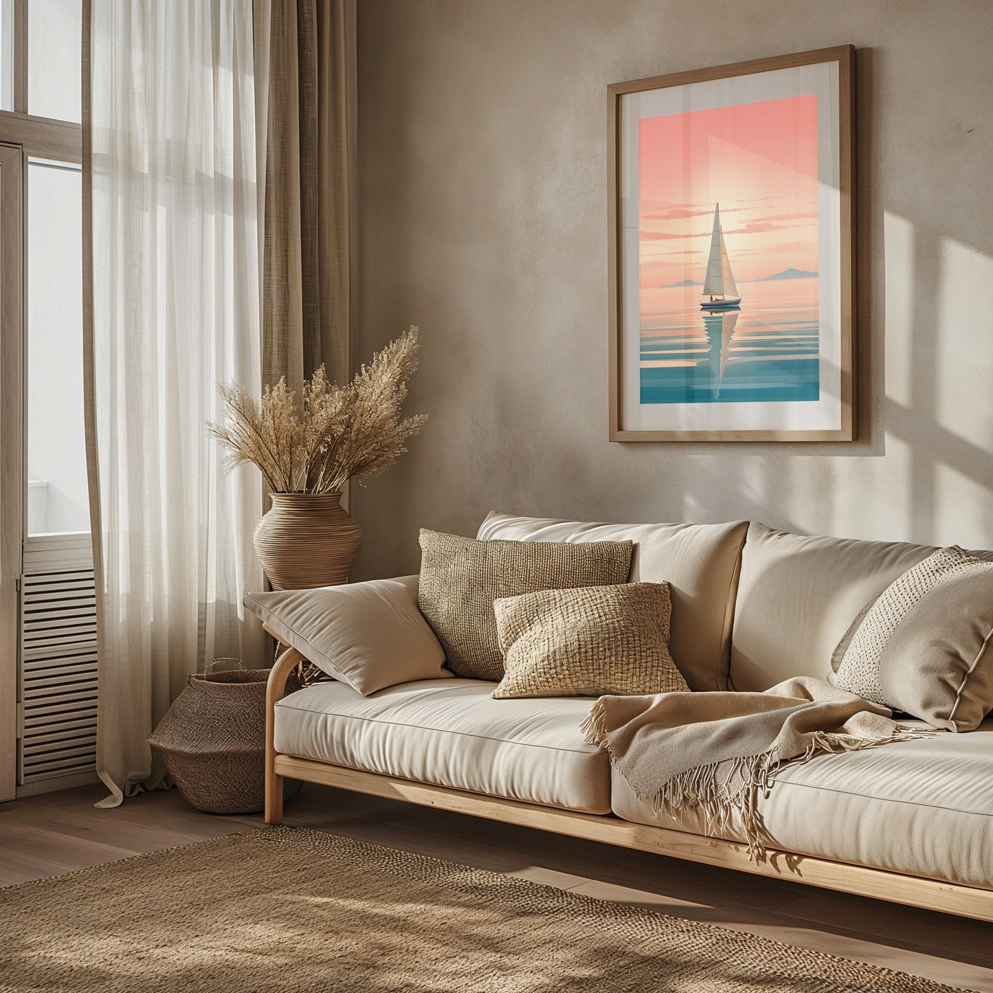 Sunset Sailing Art, Relaxing Living Room Print, Serene Nautical Poster, Minimalist Sailboat Artwork, Pastel Sky Wall Art, Instant Download