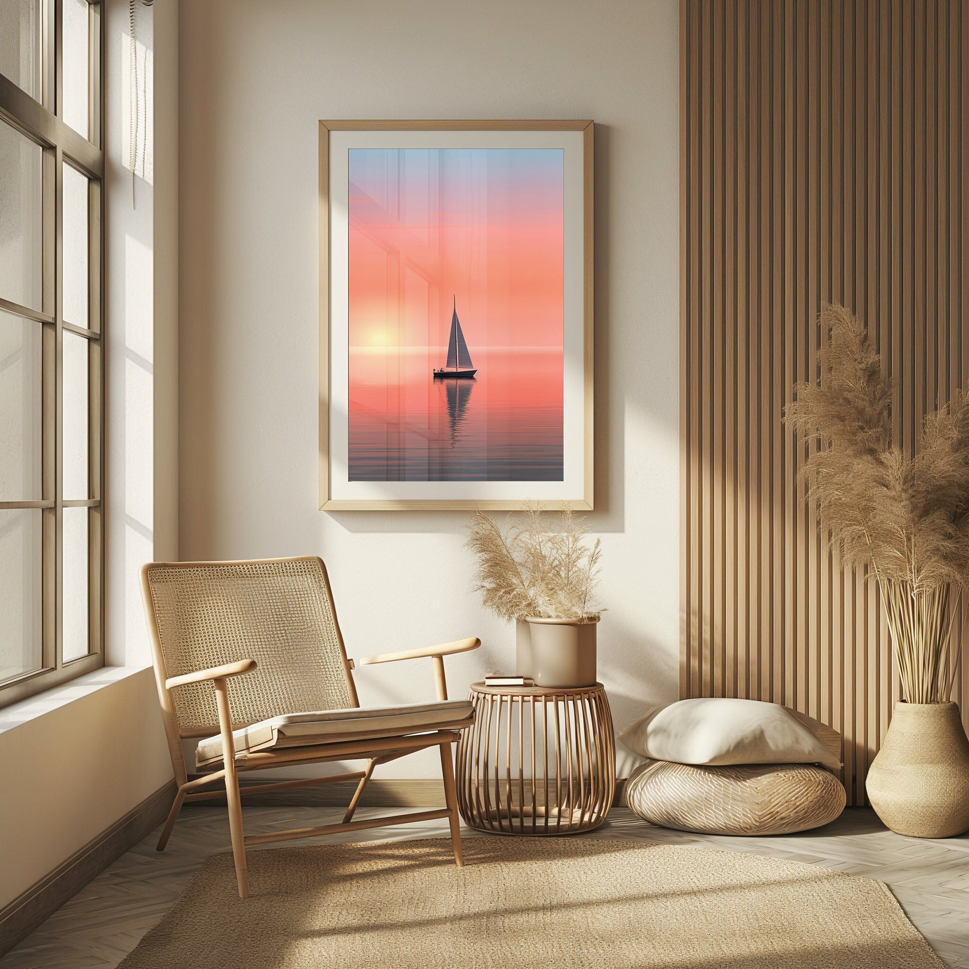 Digital art print of a yacht silhouetted against a warm gradient sunset, a peaceful addition to coastal-themed or zen-like decor.