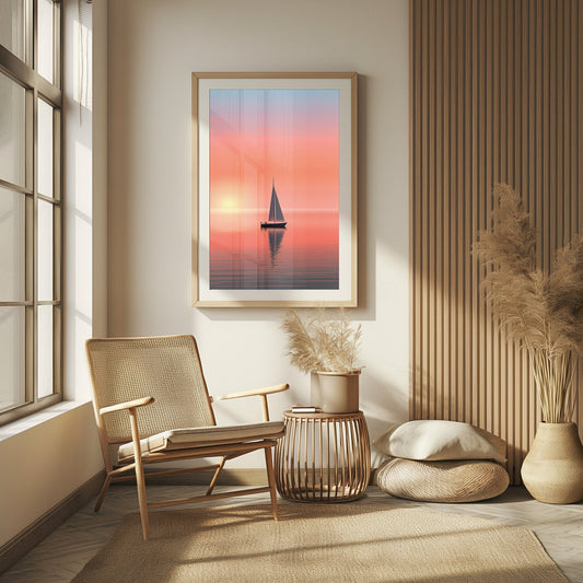 Digital art print of a yacht silhouetted against a warm gradient sunset, a peaceful addition to coastal-themed or zen-like decor.