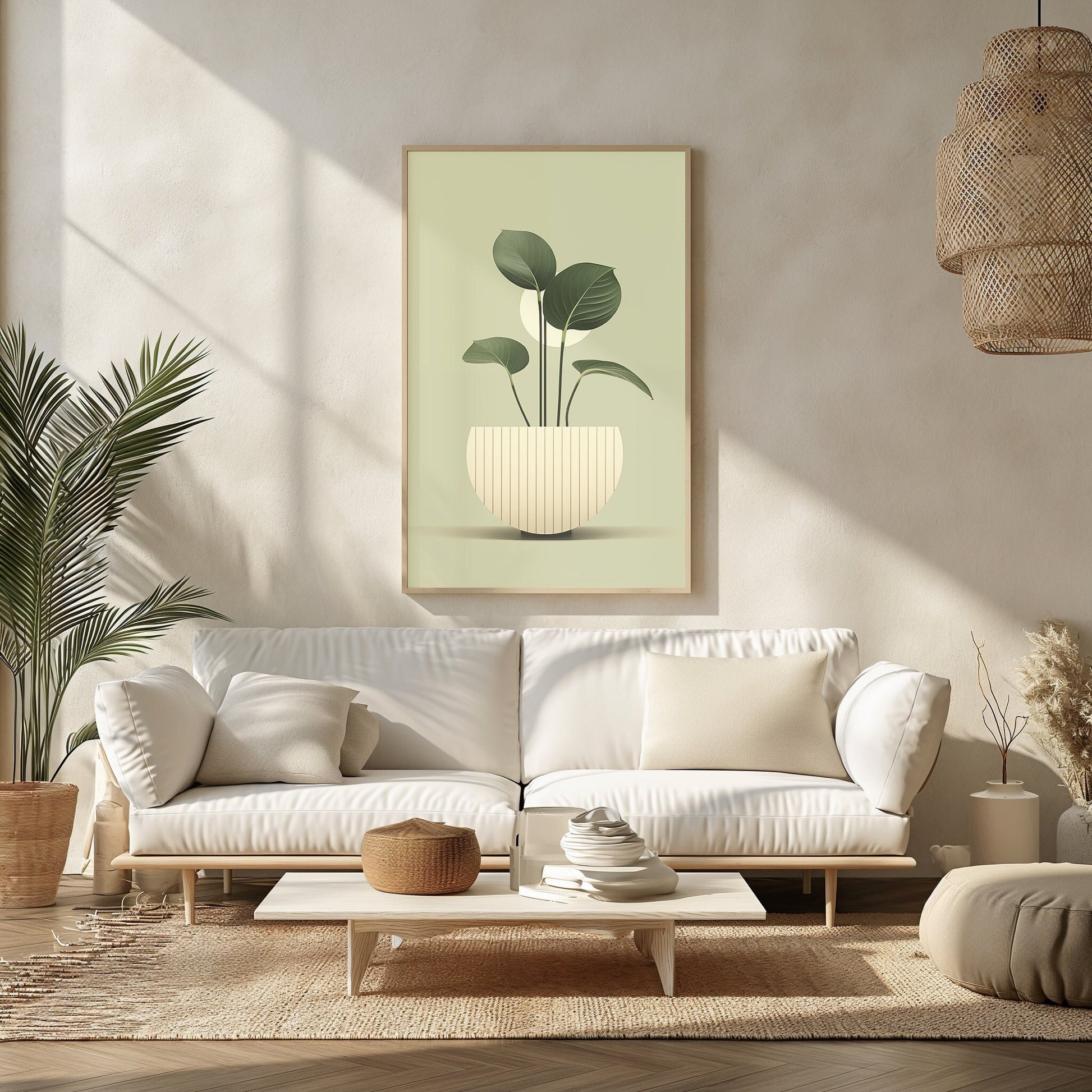 Minimalist digital print of a green potted plant, perfect for adding a touch of Scandinavian style and simplicity to modern bedroom decor.