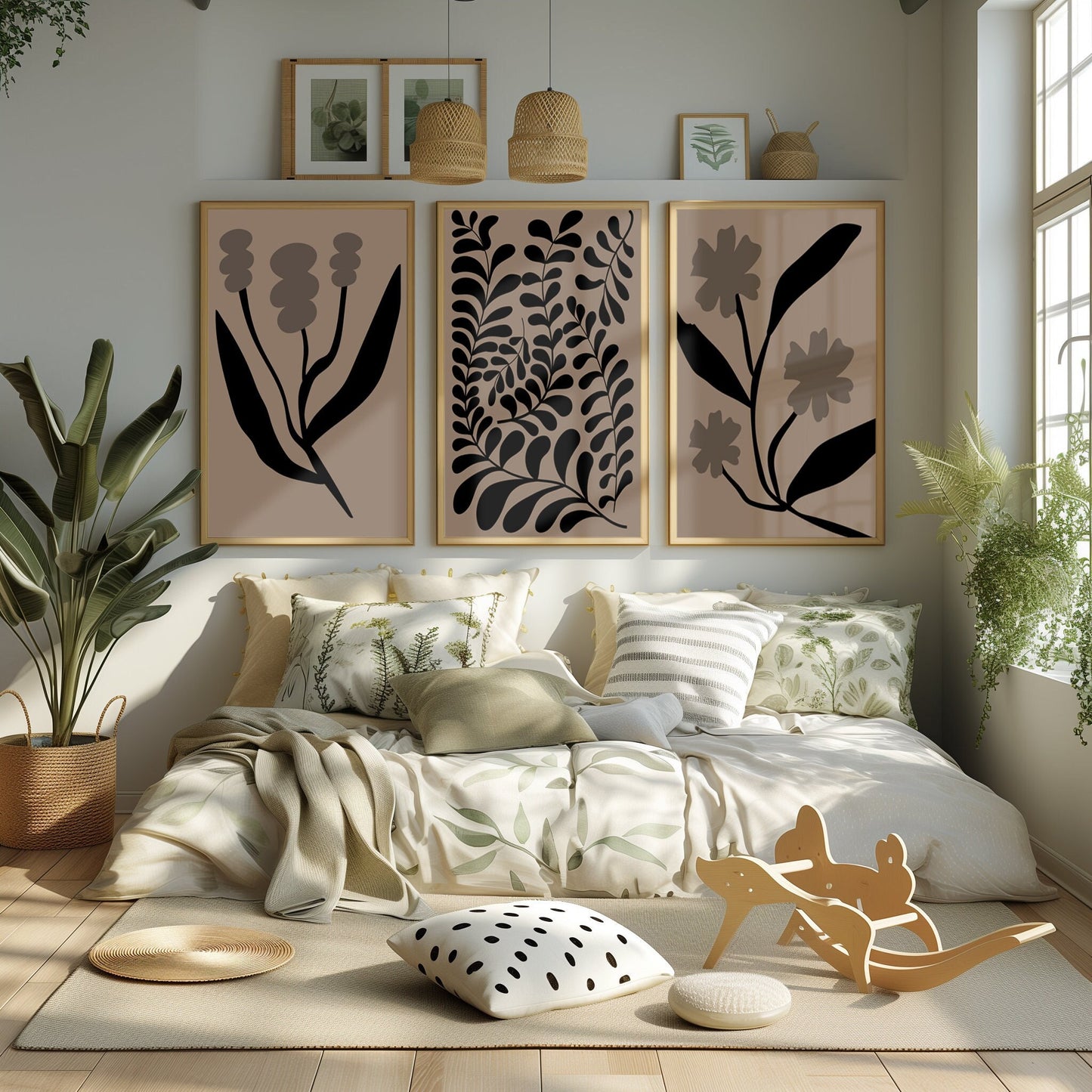 A trio of abstract botanical art prints in a sophisticated neutral palette, blending modern elegance with natural themes.