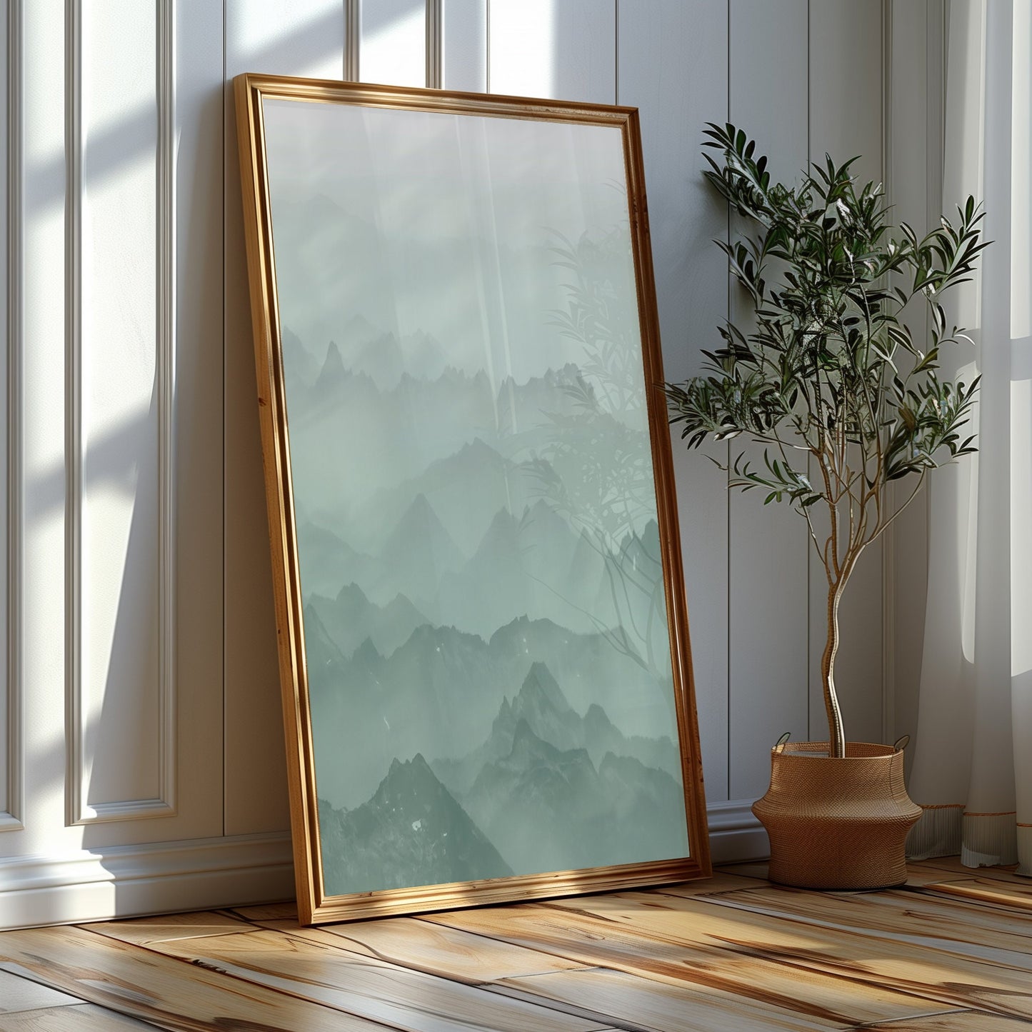 Misty Mountain Range Canvas Set - Ethereal Peaks in Tranquil Shades of Blue and Green for a Restful Ambiance, Digital Print, Printable Art