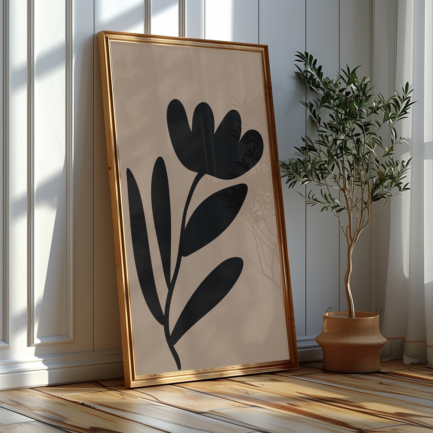 Contemporary Botanical Silhouettes - Timeless Black on Beige Wall Art, Modern Elegance for Any Room, Black Ink Art, Printable Digital Art