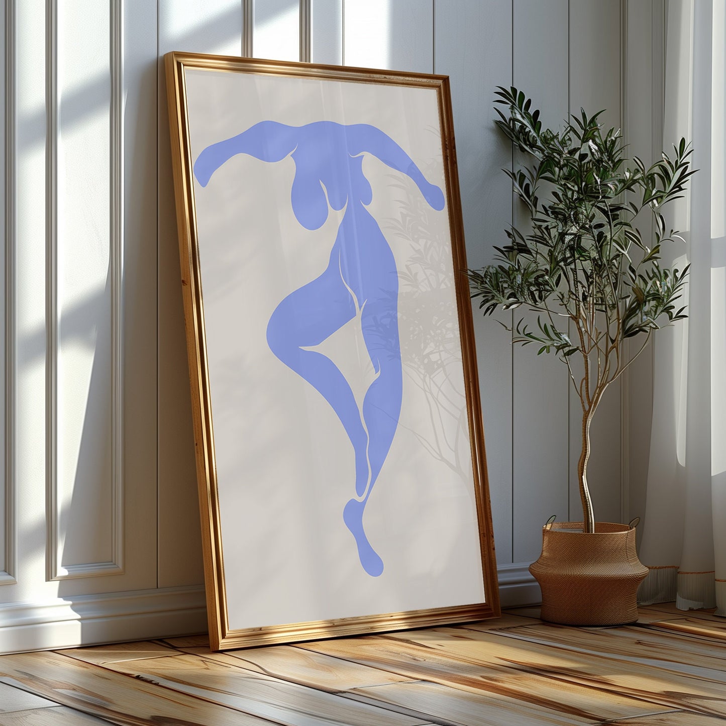 Elegant Dance and Floral Fantasy - Dynamic Blue Silhouette with Blooming Patterns Art Set for Modern Home, Eclectic Three Set of Prints