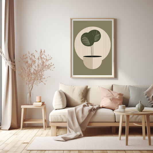 Contemporary digital print with a geometric plant design, ideal for mid century and boho themed decor.