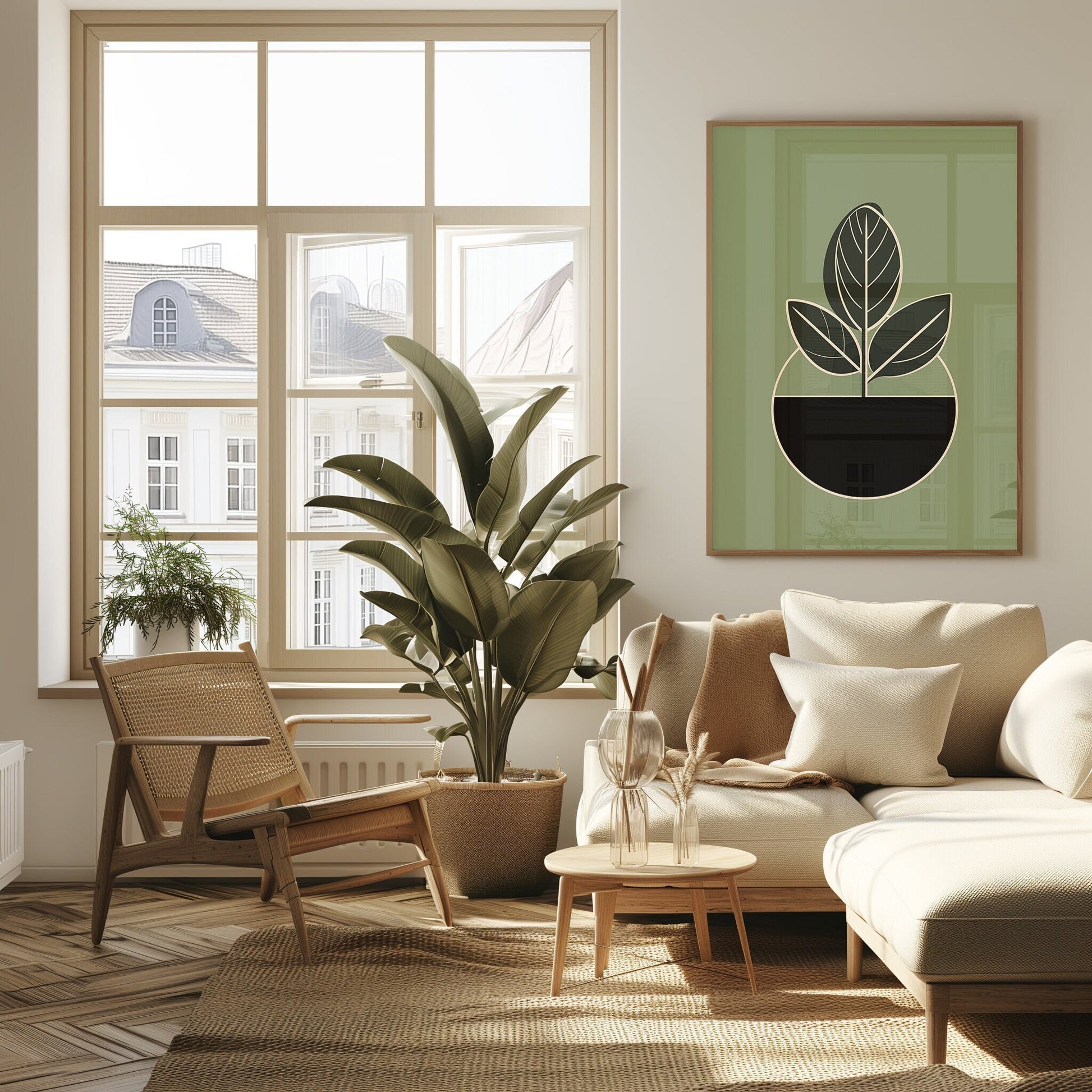 Sleek and modern digital art print of a leaf, perfect for adding a touch of bohemian chic to any mid-century inspired space.