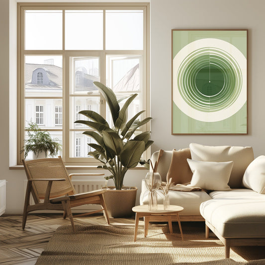 A digital print of modern geometric circles in varying shades of green, ideal for a minimalist boho decor theme.