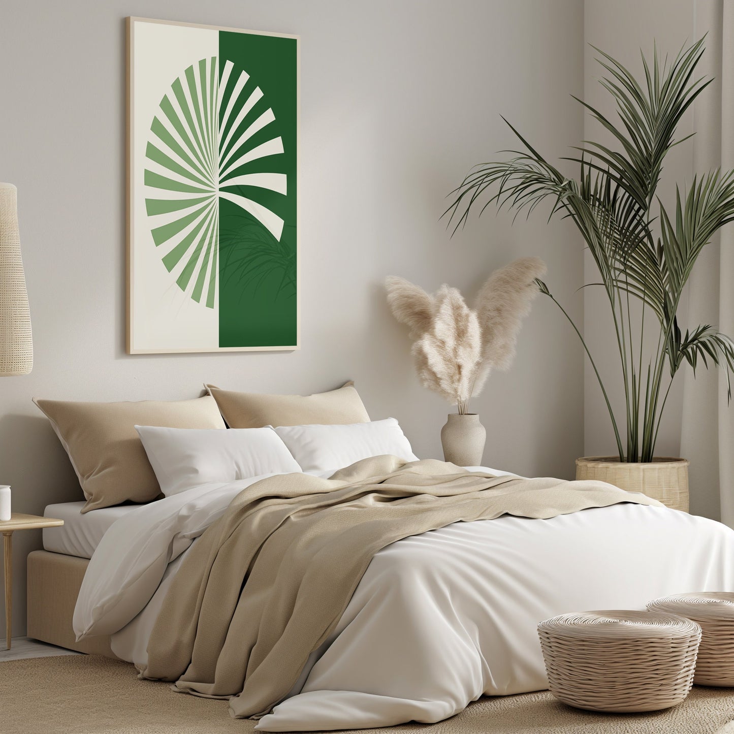 Abstract Palm Fan Art, Green and White Modern Print, Digital Boho Decor, Mid Century Wall Art