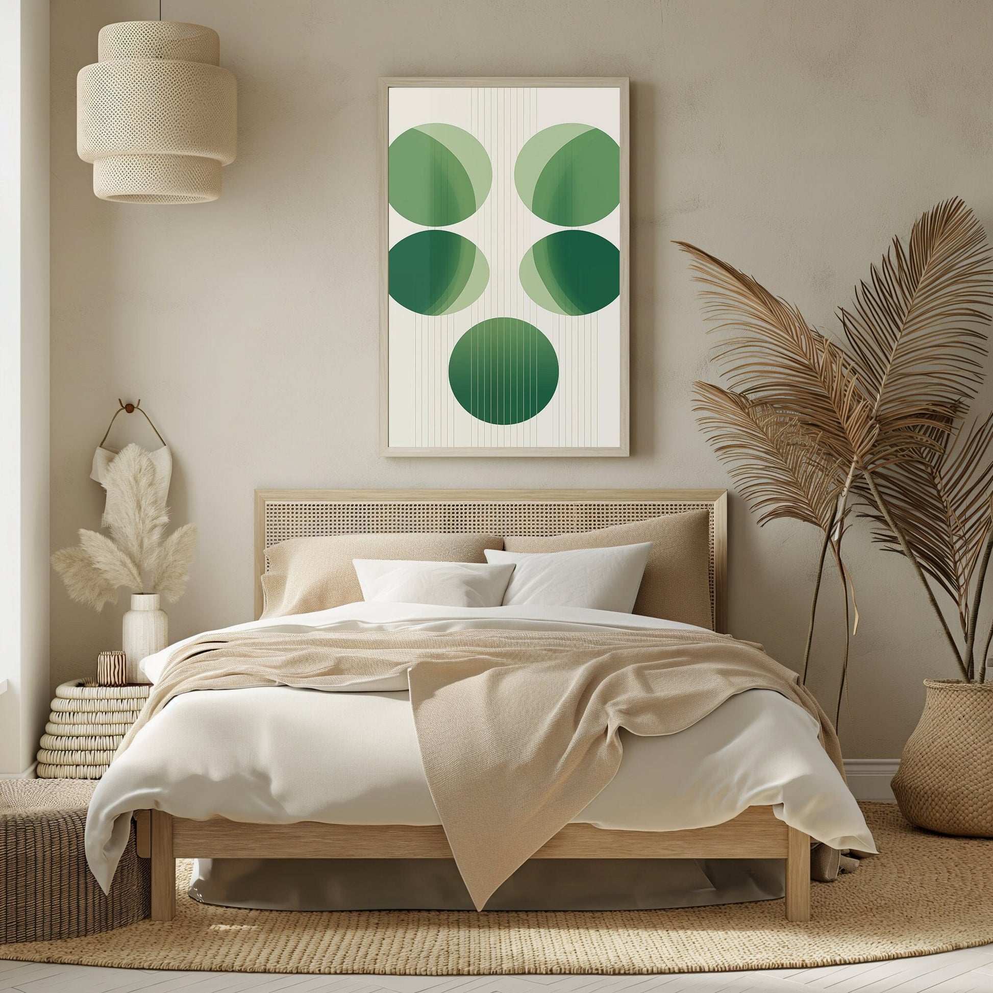 Modern minimalist abstract wall art featuring green overlapping circles, perfect for a chic bohemian home decor.