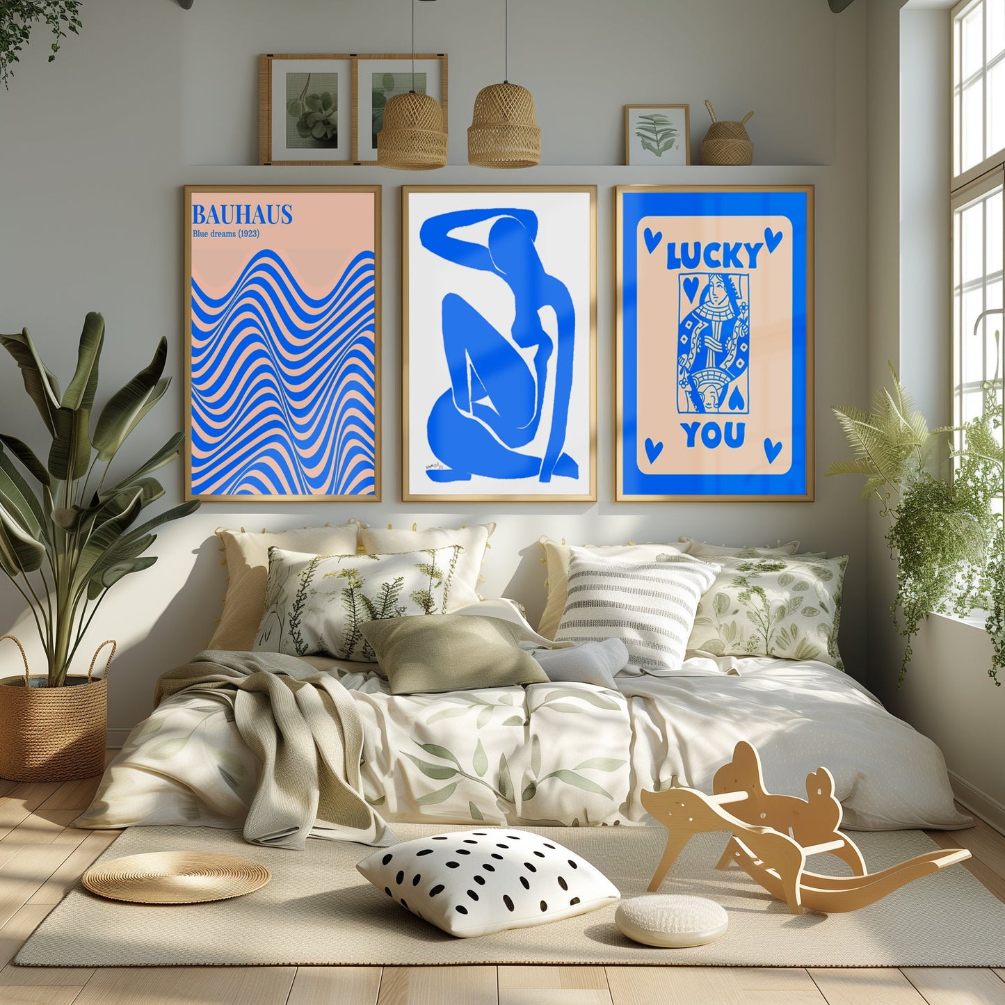 Dynamic Blue Art Set: Bauhaus Inspiration, Graceful Silhouette, & Fortuitous Symbols - Accentuate with Style, Digital Print, Printable Art