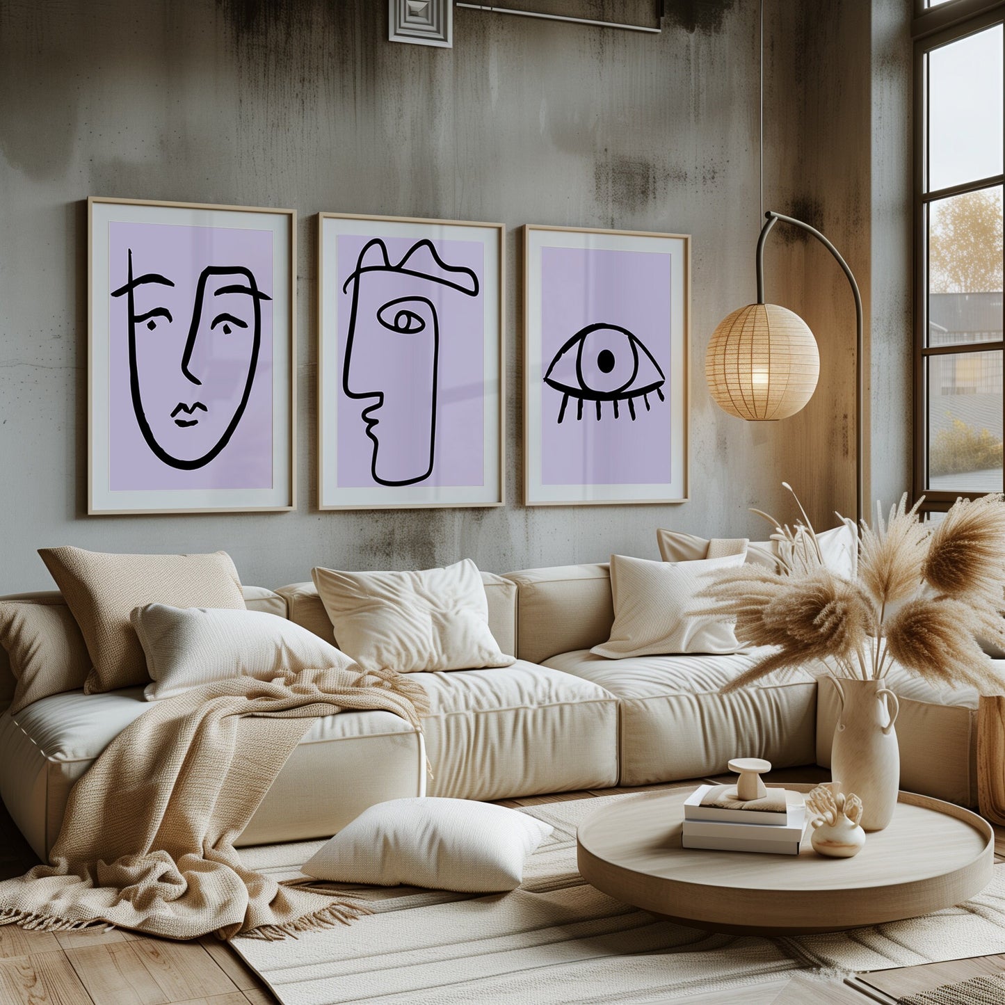 Abstract Faces in Lavender - Minimalist Line Art Trio, Expressive Contours for a Sophisticated Aesthetic, Digital Art Work, Printable Art