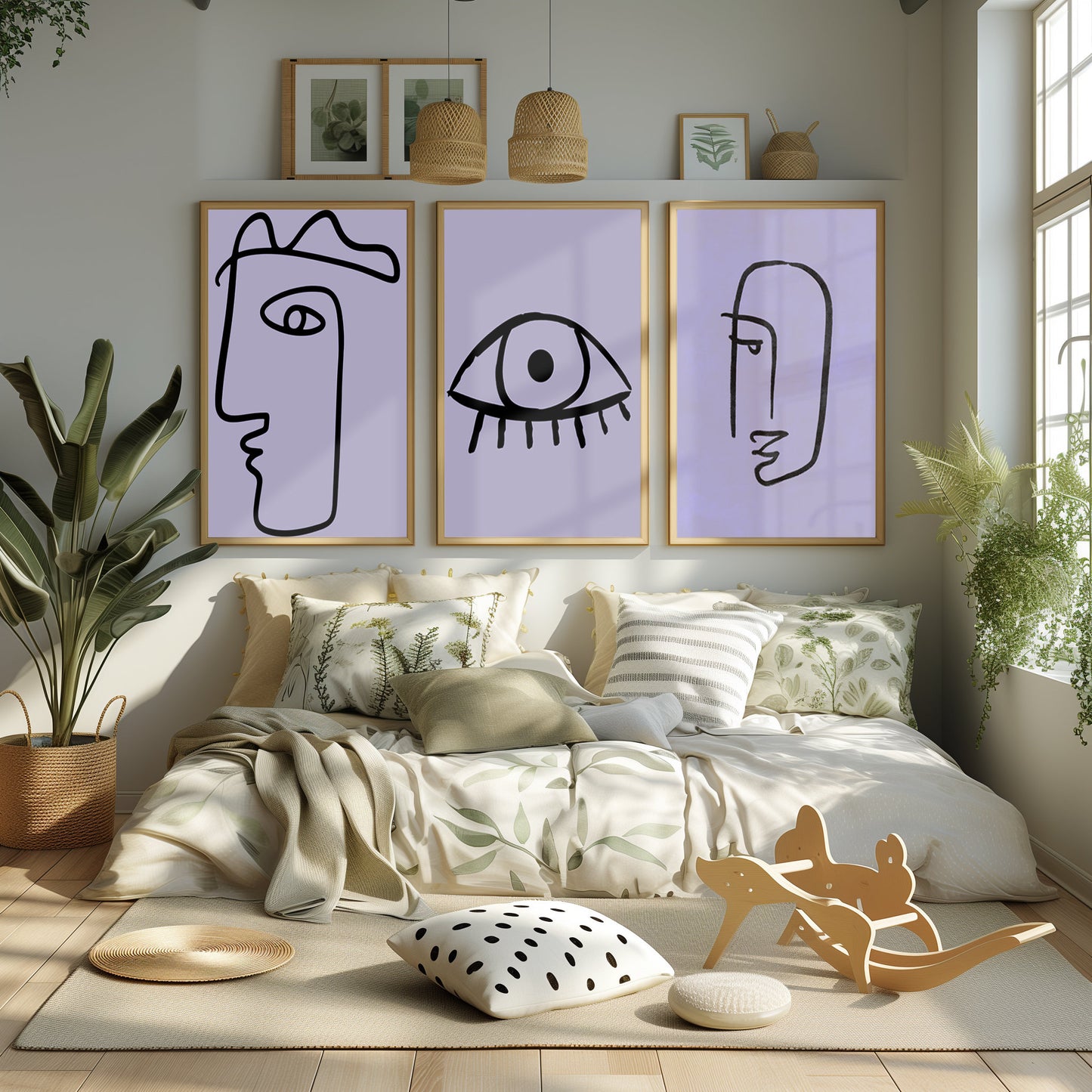 Serenity in Sketches - Trio of Line Art Faces in Pastel Lavender, Minimalist Elegance for Peaceful Retreat, Printable Art Piece, Digital Art