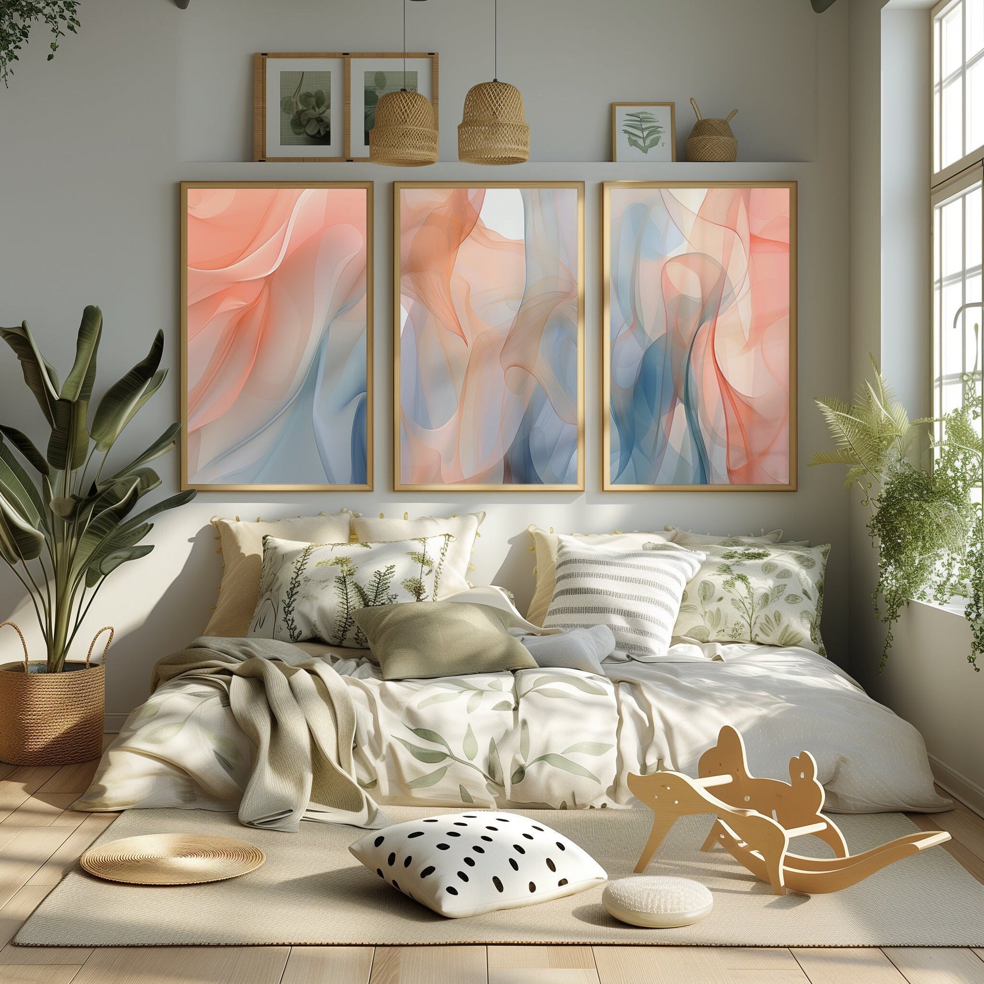 Abstract art prints set in flowing coral and blue hues, styled in a rustic yet modern living area, embodying lightness and movement.