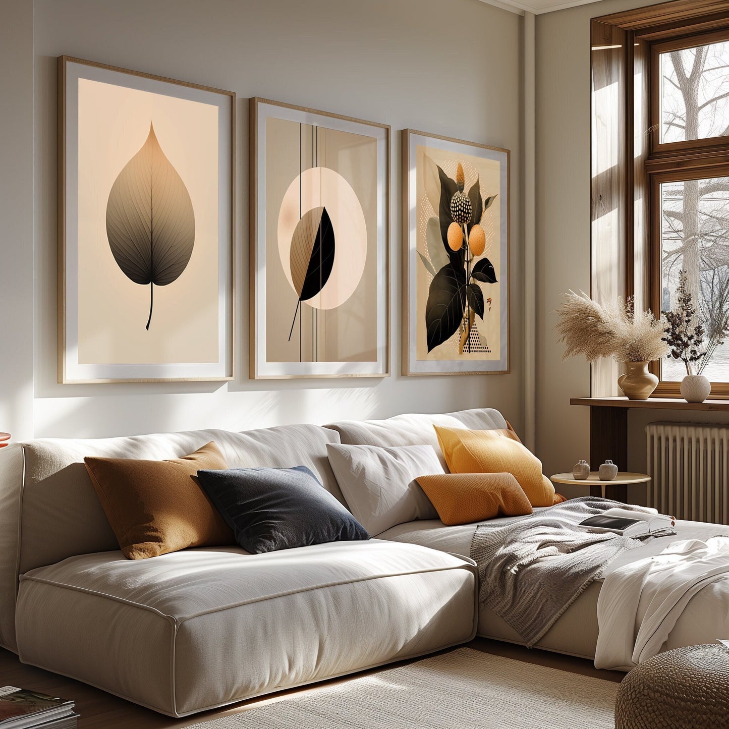 Chic botanical art set featuring stylized plant and leaf prints in a modern living room, creating an atmosphere of sophisticated natural beauty.