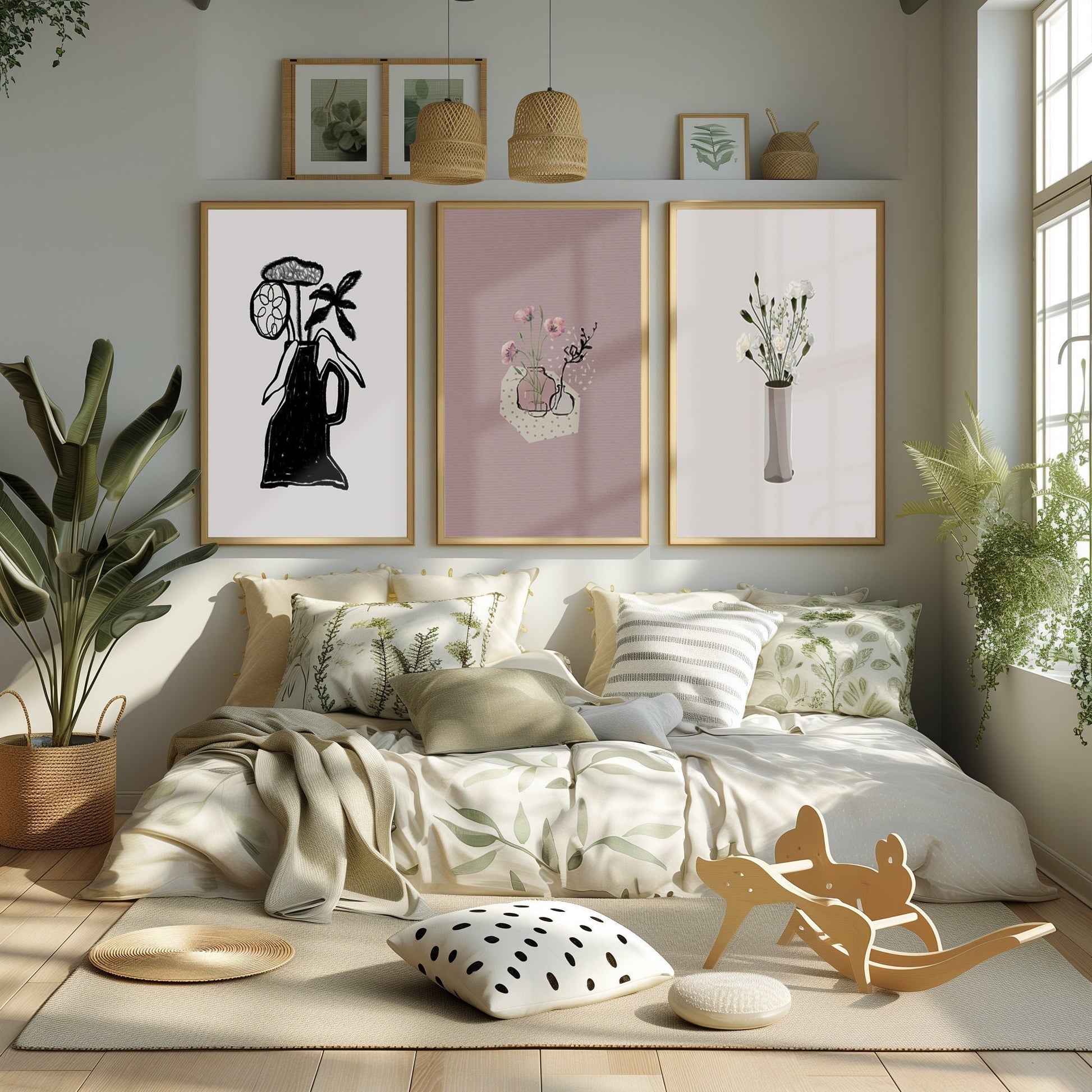 An artful collection of three prints, including an illustrative black vase, an embroidered floral design, and a classic flower arrangement, set in a sunlit bedroom.