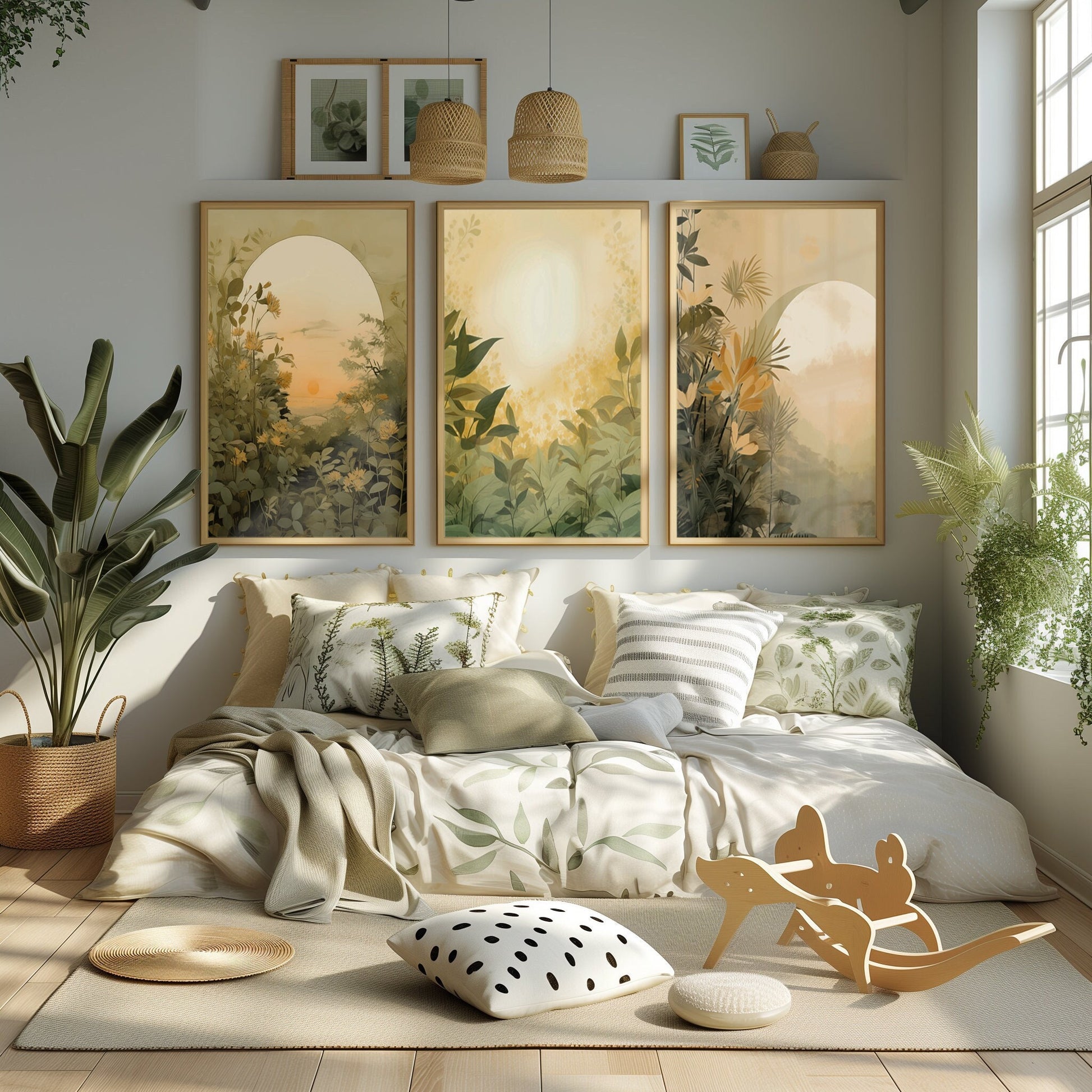 Set of three golden hour garden prints capturing a lush, sunlit landscape, offering a window to nature&#39;s serenity in a relaxed home setting.