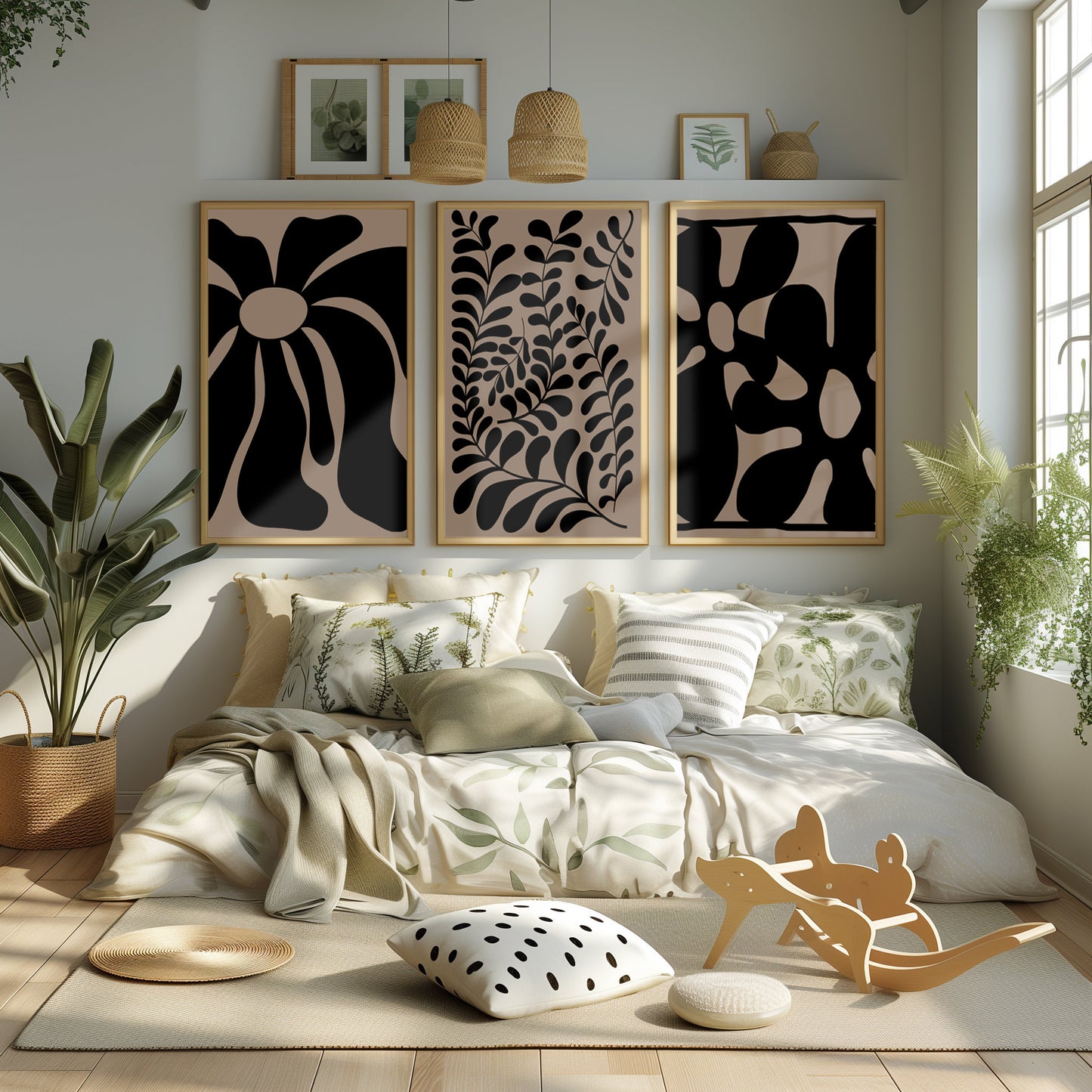 Monochromatic Abstract Print Trio, Bold Black & Beige Wall Art, Contemporary Nature Illustrations, Instant Download, Modern Wall Art