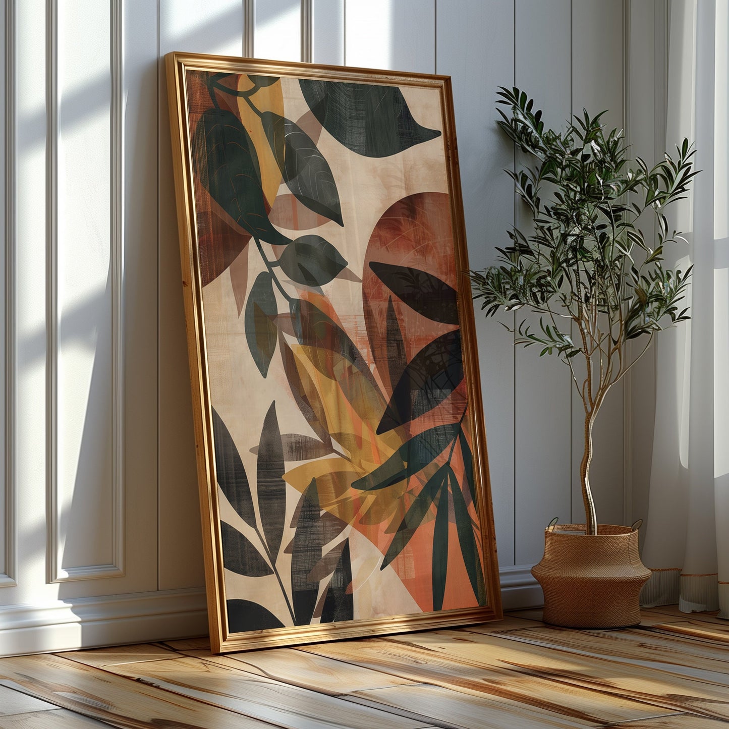 Autumn Whimsy & Harmonic Balance - Abstract Leaf Collage and Elegant Forms, A Warm Artistic Trio, Golden Hour Print