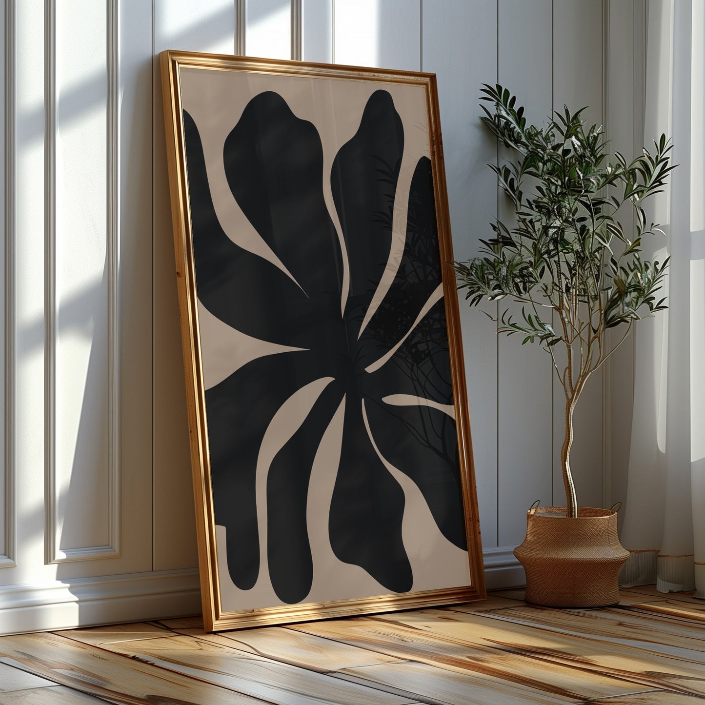 Abstract Botanical Prints, Black and Tan Floral Trio, Modern Minimalist Wall Art, Chic Home Decor, Instant Digital Download, Digital Print