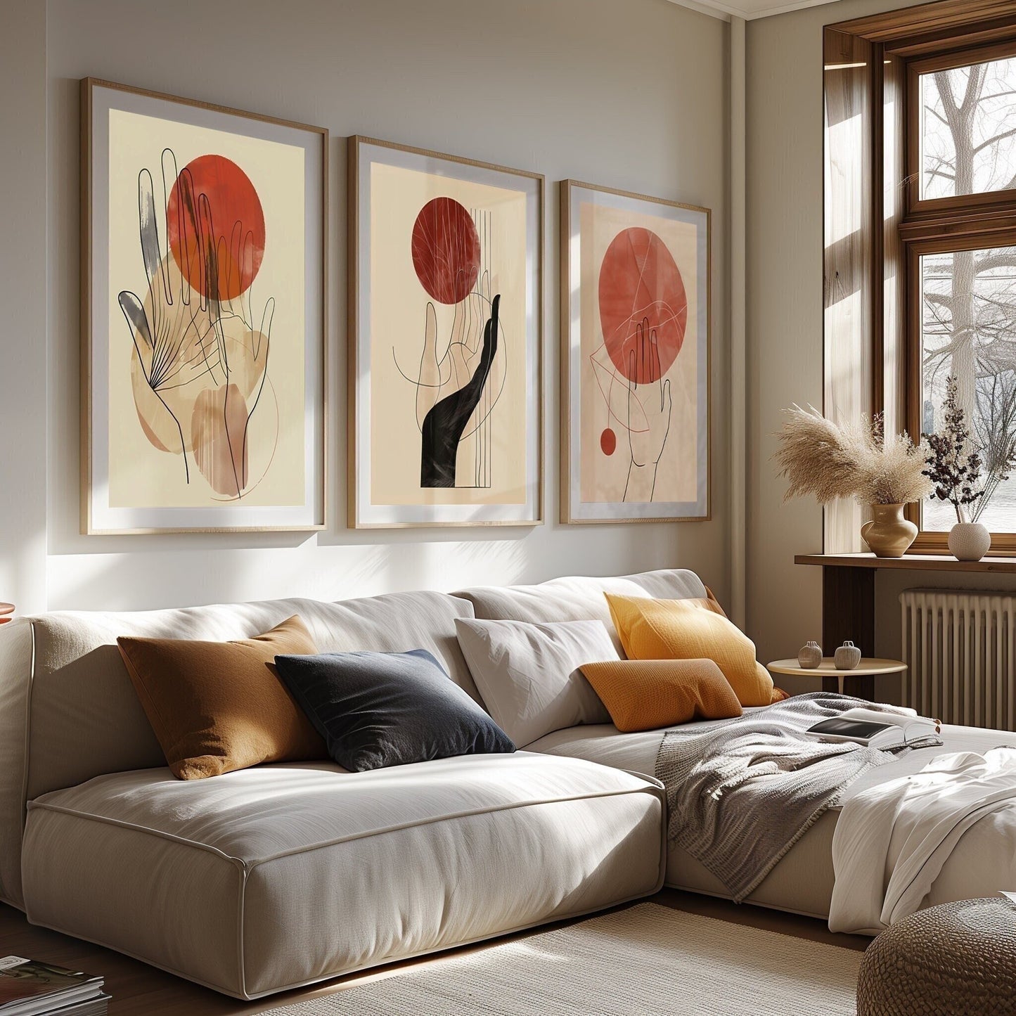 A trio of contemporary art prints showcasing stylized human figures and abstract spheres in warm terracotta tones, arranged in a serene bedroom setting.