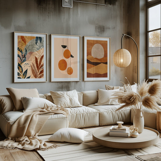 An art collection featuring abstract foliage in autumnal shades, citrus silhouettes, and a minimalist sunset, all in earthy tones, adorning a modern living space.