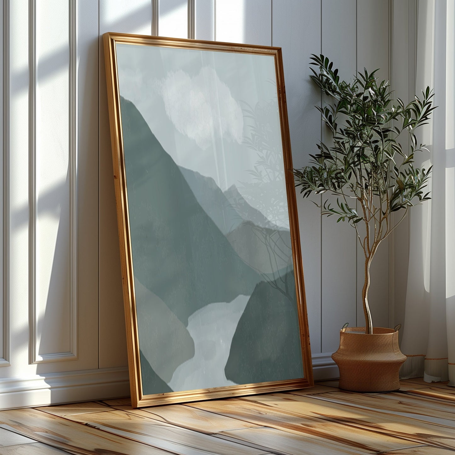 Misty Mountain Range Canvas Set - Ethereal Peaks in Tranquil Shades of Blue and Green for a Restful Ambiance, Digital Print, Printable Art