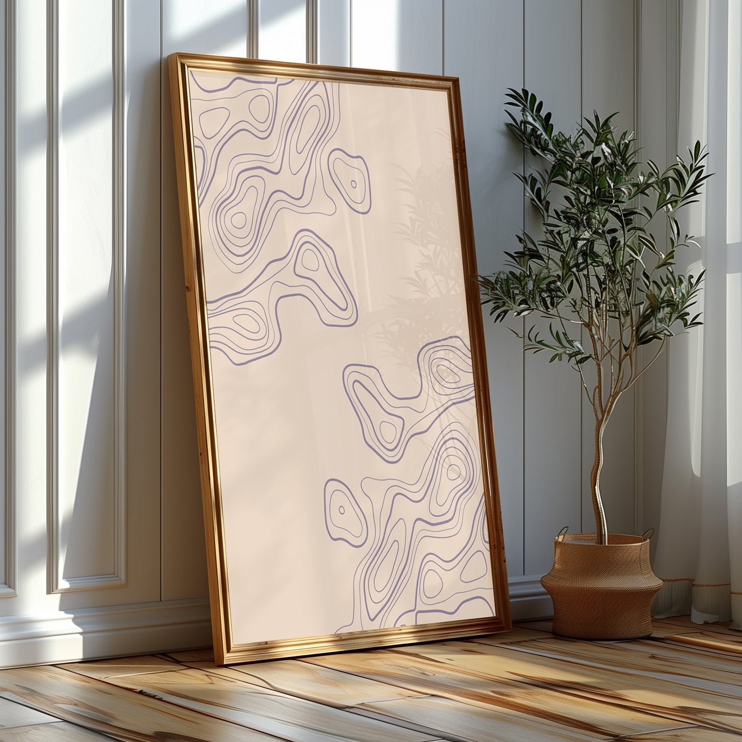 Pastel Dreams Collection - Lavender Butterfly with Abstract Forms, Soft Peach Backdrop for Tranquil Interiors, Digital Print, Printable Art