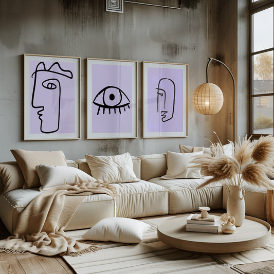 A serene trio of minimalist line art in pastel lavender, portraying peaceful facial expressions, complementing a tranquil bedroom setting.