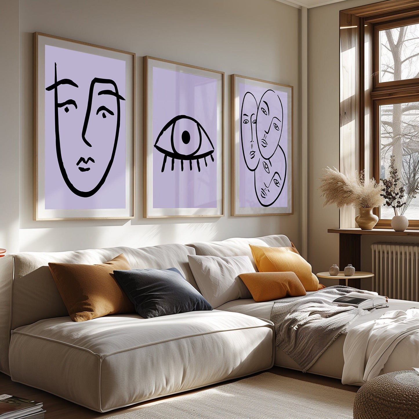 Whispers of Insight - Trio of Lavender Line Art, Evoking Subtlety and Depth in Minimalist Expression