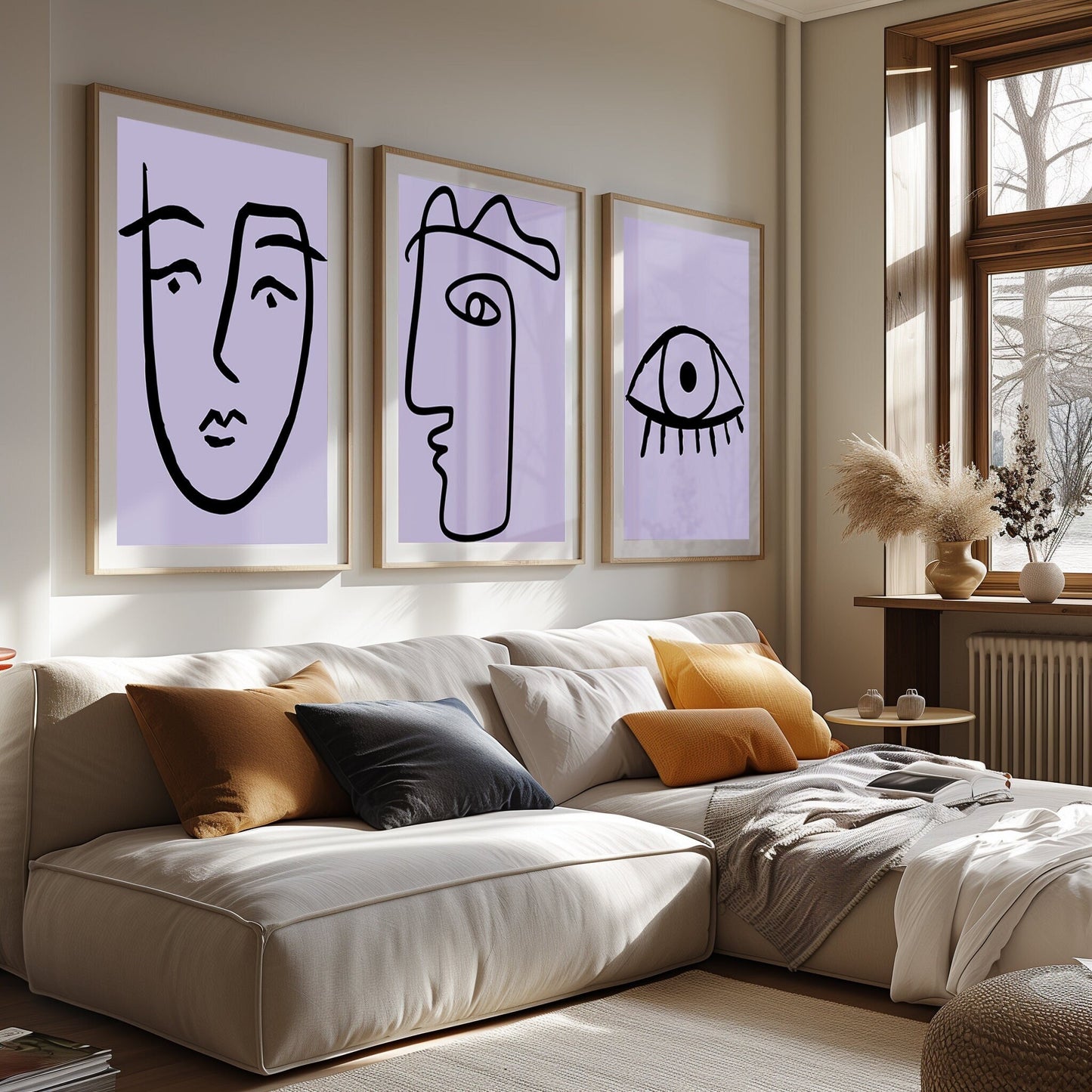 Three minimalist line art faces in soft lavender hues, each showcasing a unique expression, against the warmth of a well-lit room.