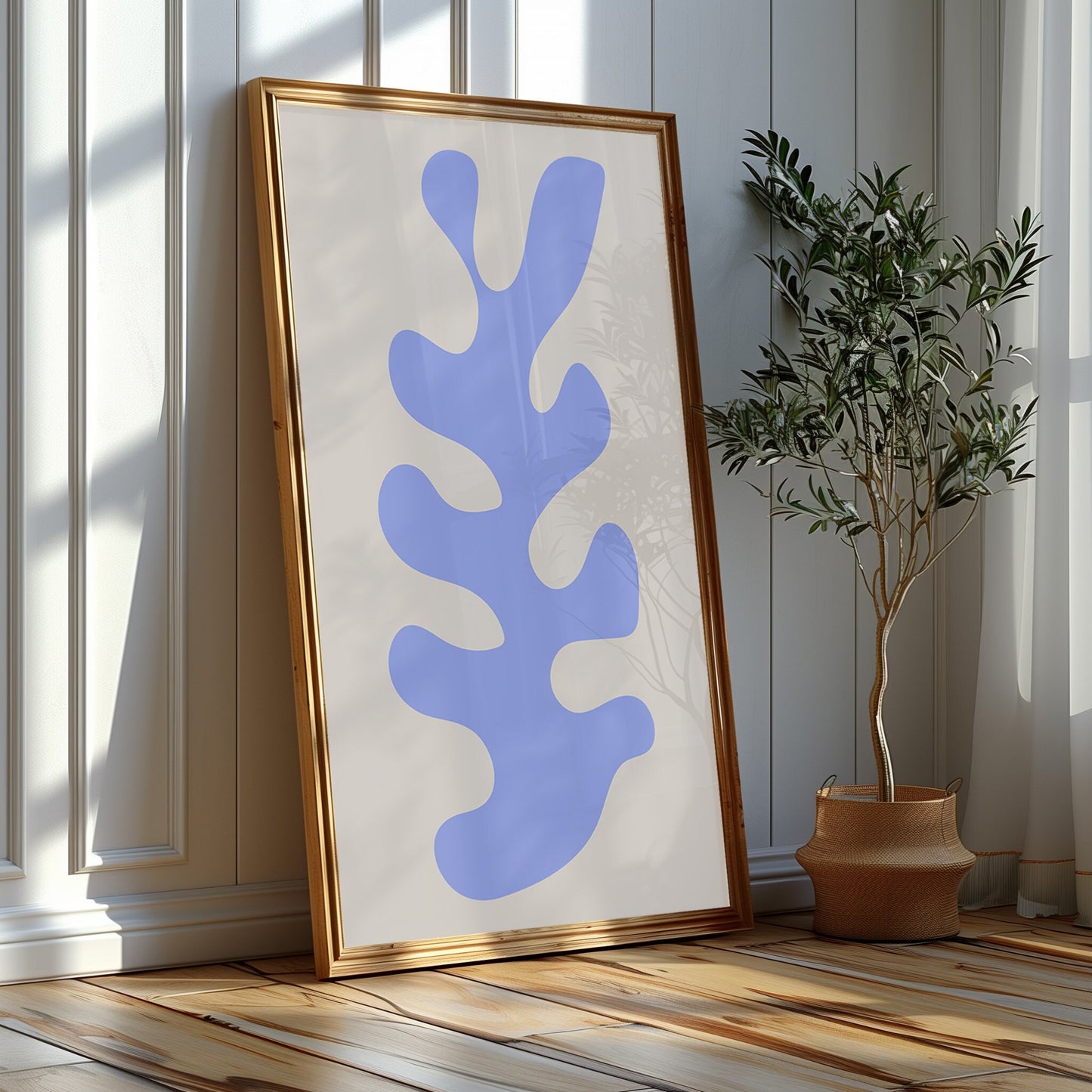 Azure Flora Trio - Chic Blue Botanical Prints Set Against a Neutral Palette for Stylish Minimalist Decor, Blue Artwork Set, Set of Three