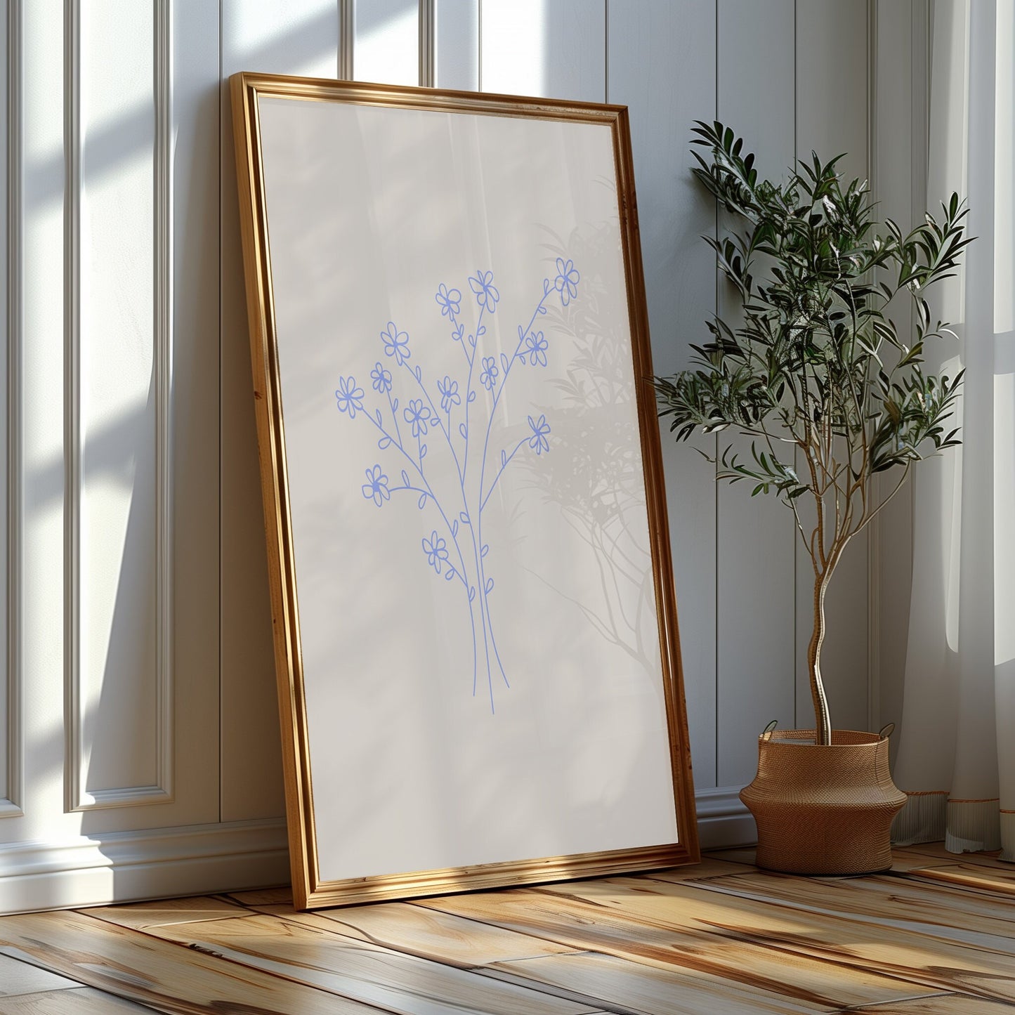 Azure Flora Trio - Chic Blue Botanical Prints Set Against a Neutral Palette for Stylish Minimalist Decor, Blue Artwork Set, Set of Three